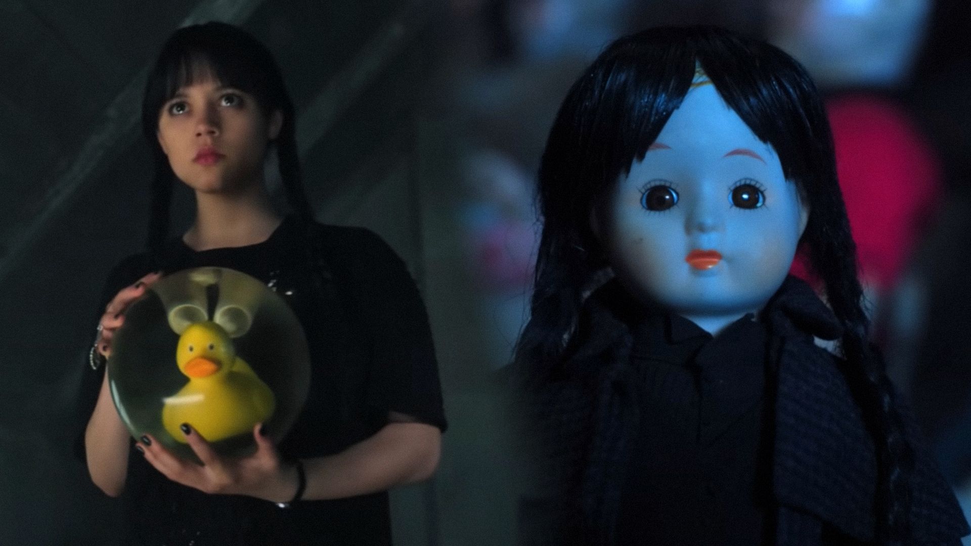 Actrița Jenna Ortega cu păr negru ține o minge transparentă cu un rațuș galben