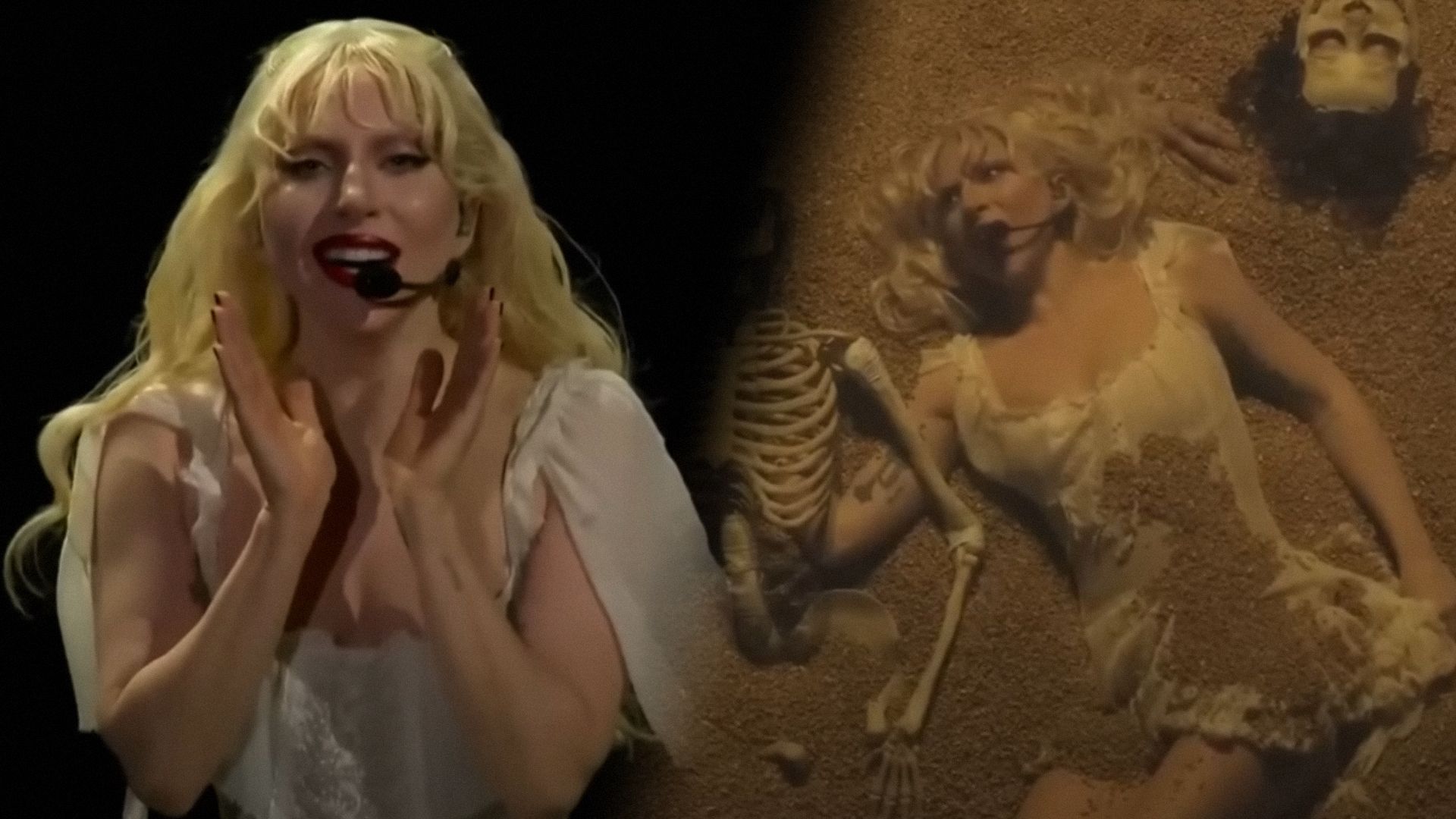 Cântăreața Lady Gaga într-o rochie albă cu un microfon, stând pe un fundal negru și zâmbind
