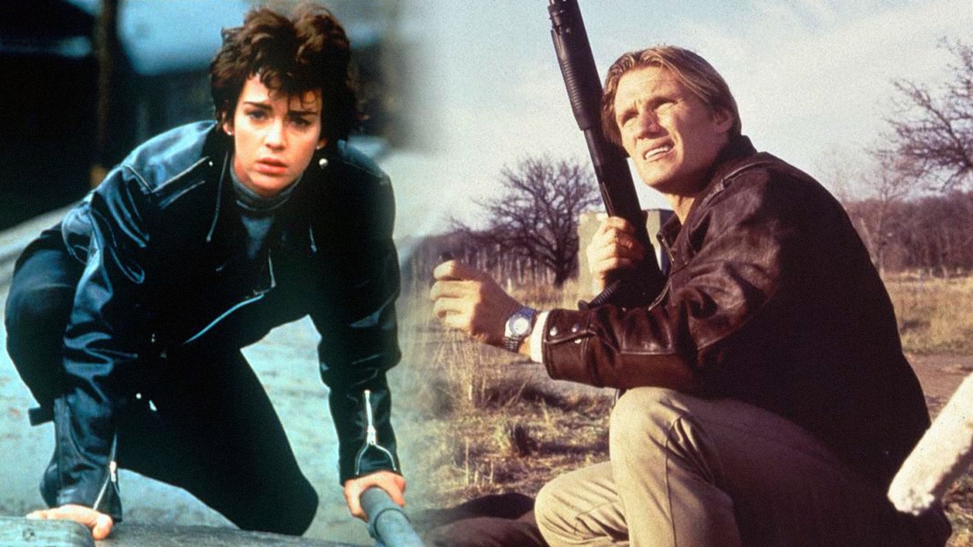 O fată în haine negre ghemuită și actorul Dolph Lundgren cu o armă în mâini privind în lateral
