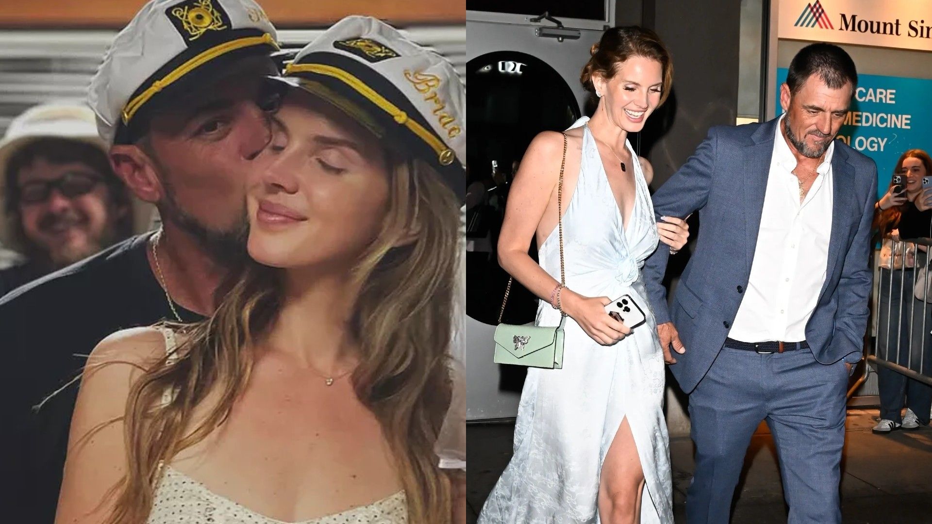 Lana Del Rey și soțul Jeremy Dufrene, în stânga bărbatul sărută femeia cu șapcă de căpitan, în dreapta cuplul merge împreună, ea în rochie deschisă, el în costum