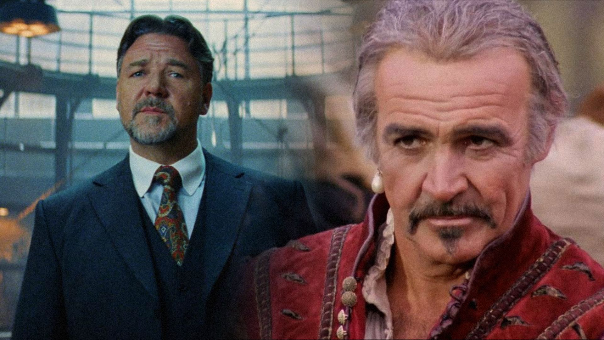 Actorul Russell Crowe într-un costum negru privind spre cameră și actorul Sean Connery în rolul egipteanului Ramirez