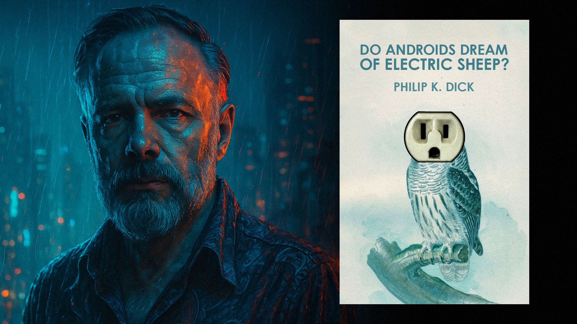 Scriitorul Philip K. Dick stă în ploaie sub lumina albastru-portocalie, lângă coperta unei cărți cu o bufniță