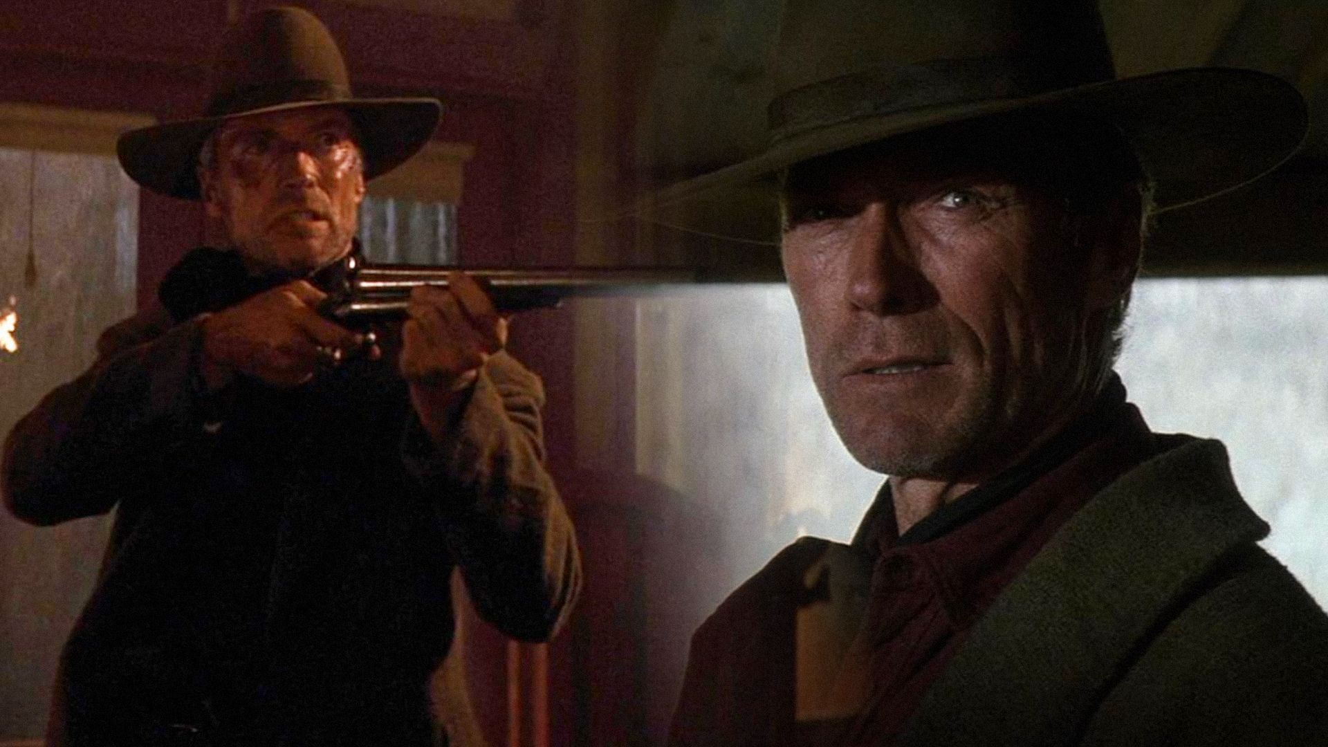 Actorul Clint Eastwood stă în picioare purtând o pălărie și ținând o pușcă