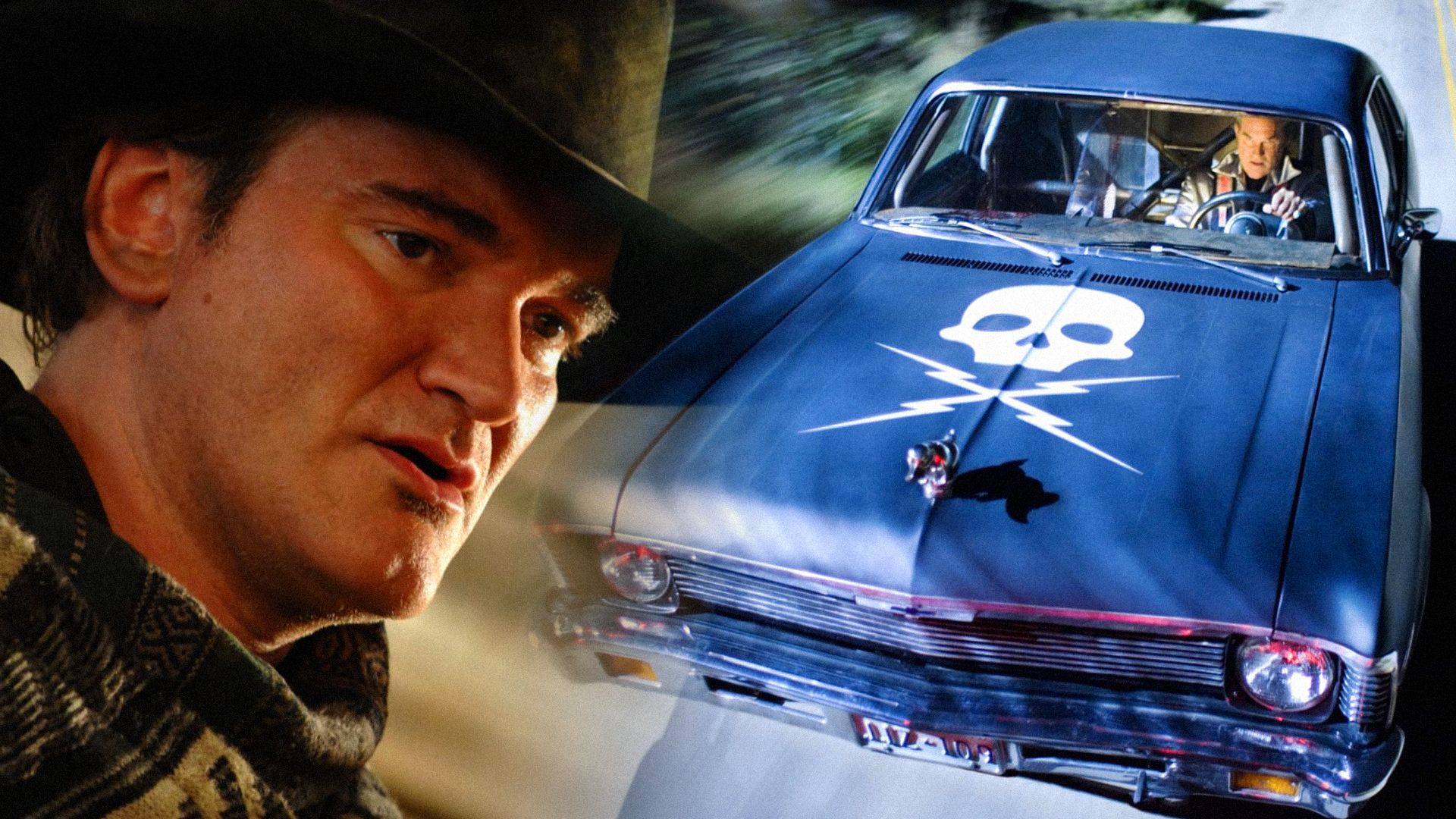 Regizorul Quentin Tarantino cu pălărie și actorul Kurt Russell la volanul unei mașini albastre