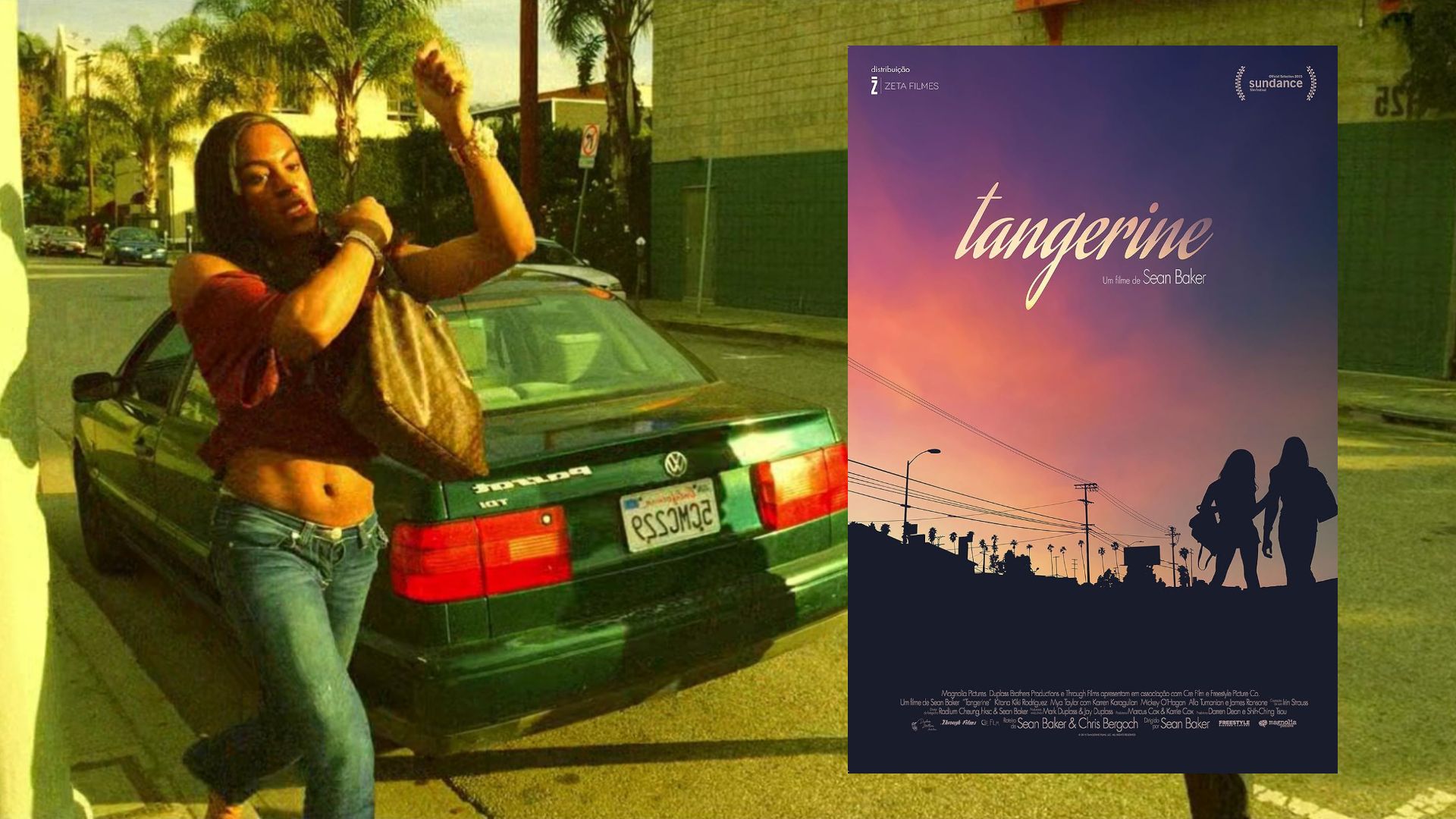 O fată cu o geantă în mâini merge pe o stradă însorită, lângă un poster de film cu siluetele a două fete