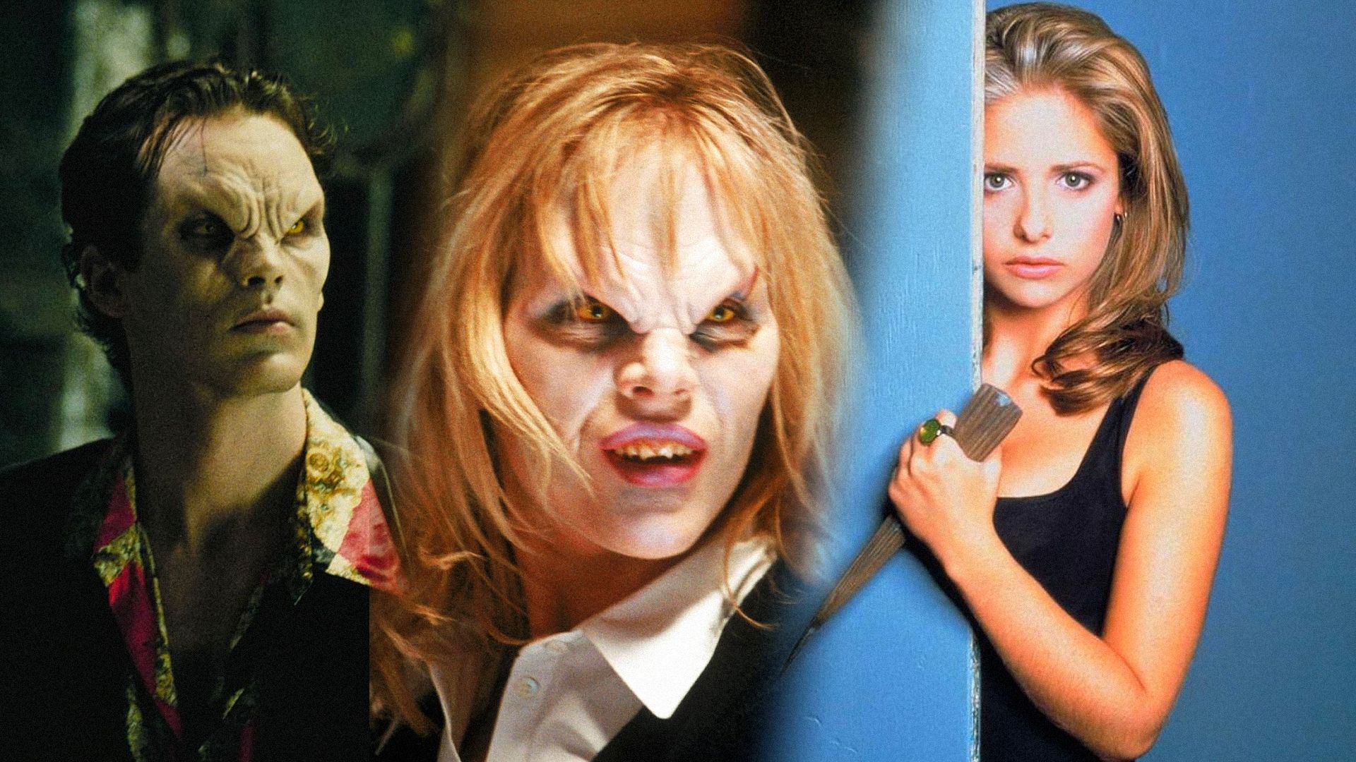 Bărbat și femeie în costume de vampiri cu ochi galbeni, actrița Sarah Michelle Gellar ținând un țăruș