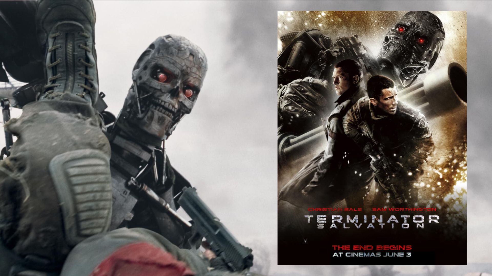 Robot Terminator argintiu pe fundal de cer și poster de film cu Christian Bale stând cu o armă