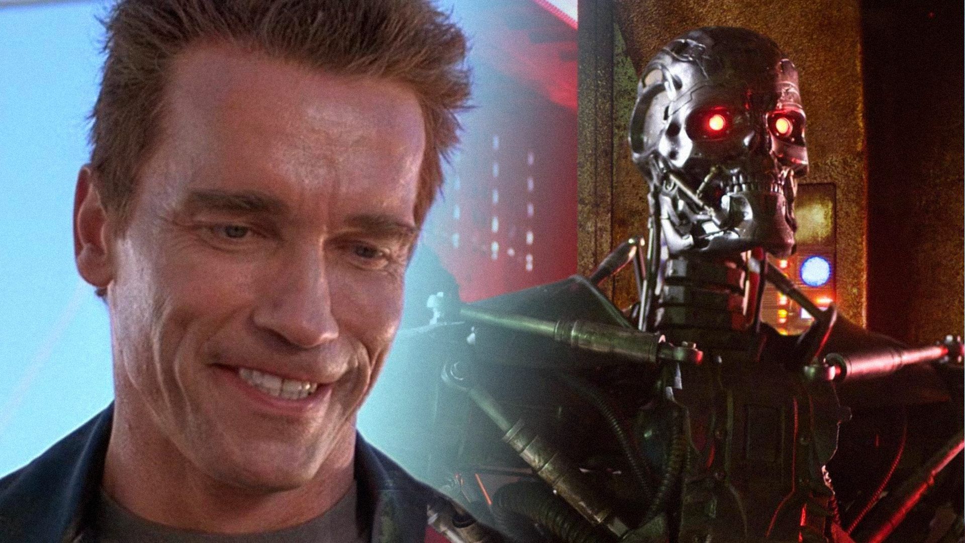 Actorul Arnold Schwarzenegger zâmbind cu robotul Terminator în picioare lângă el în lumină maro