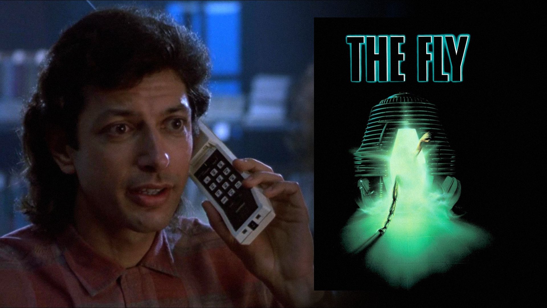 Actorul Jeff Goldblum cu un telefon portabil și un poster de film cu un teleportator