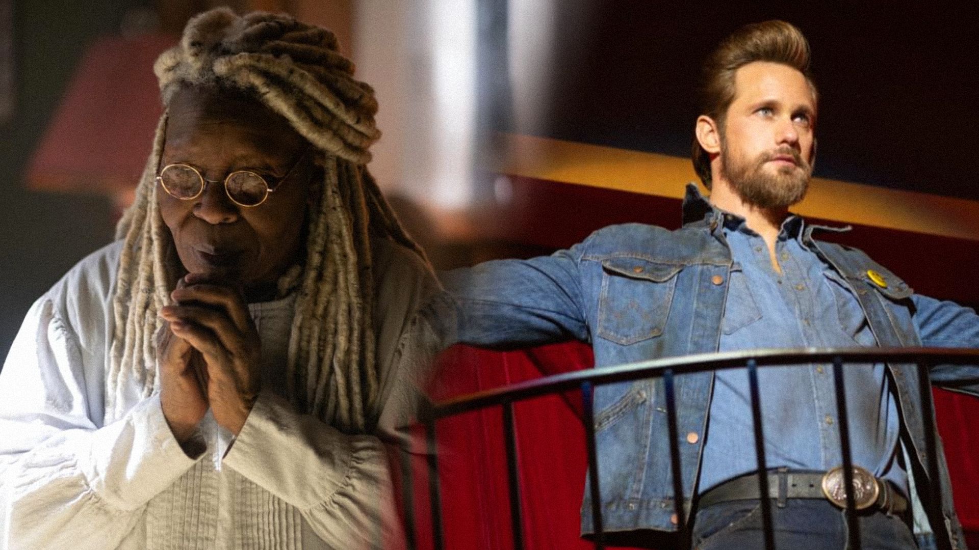 Actrița Whoopi Goldberg în îmbrăcăminte albă și actorul Alexander Skarsgård într-o jachetă din denim