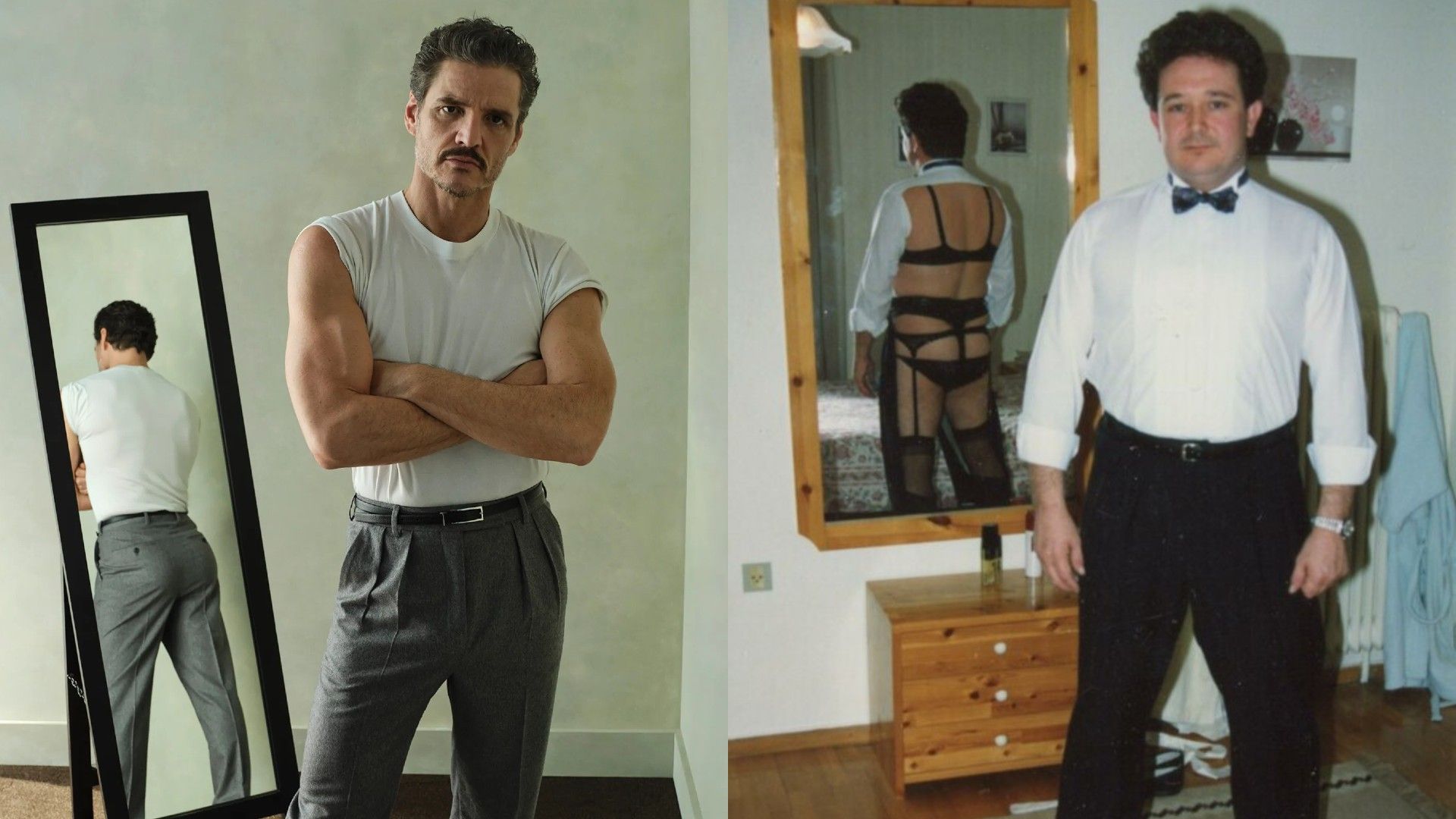 În stânga Pedro Pascal stă cu brațele încrucișate pe un fundal cu oglindă unde se reflectă spatele lui, în dreapta un bărbat în cămașă albă clasică și papion stă cu fața la cameră în timp ce în oglindă se reflectă purtând lenjerie intimă feminină
