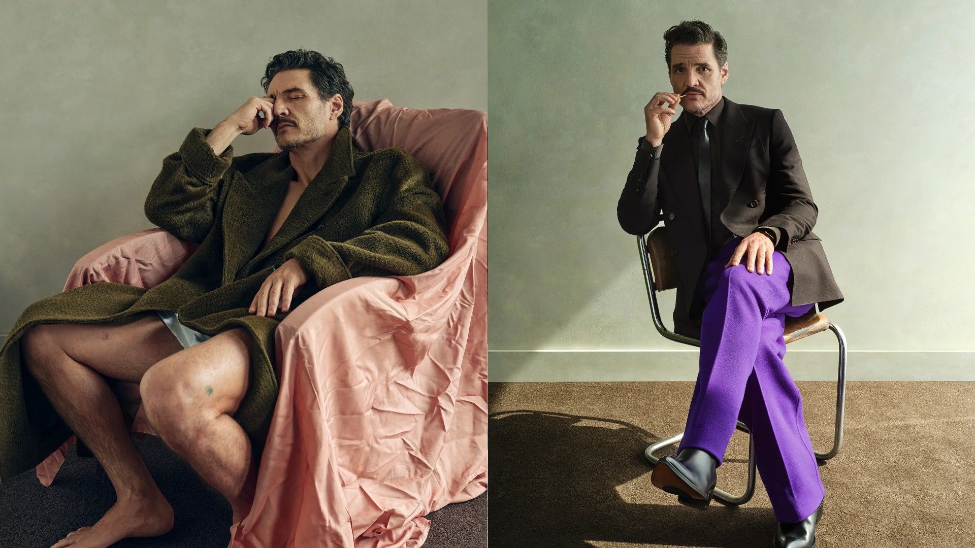 Pedro Pascal: în stânga stând pe un scaun, în dreapta stând cu picioarele încrucișate