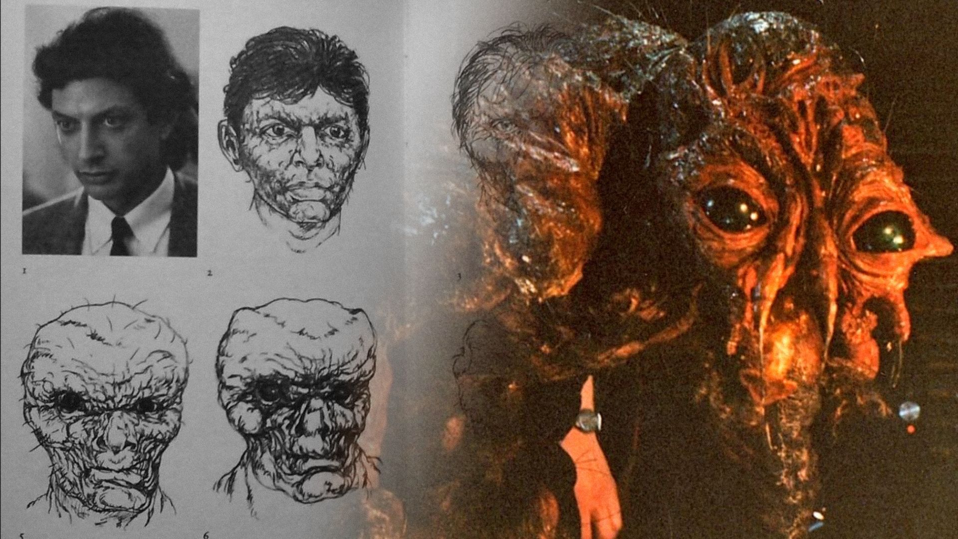 Fotografie cu actorul Jeff Goldblum și un monstru sub forma unei muște gigantice