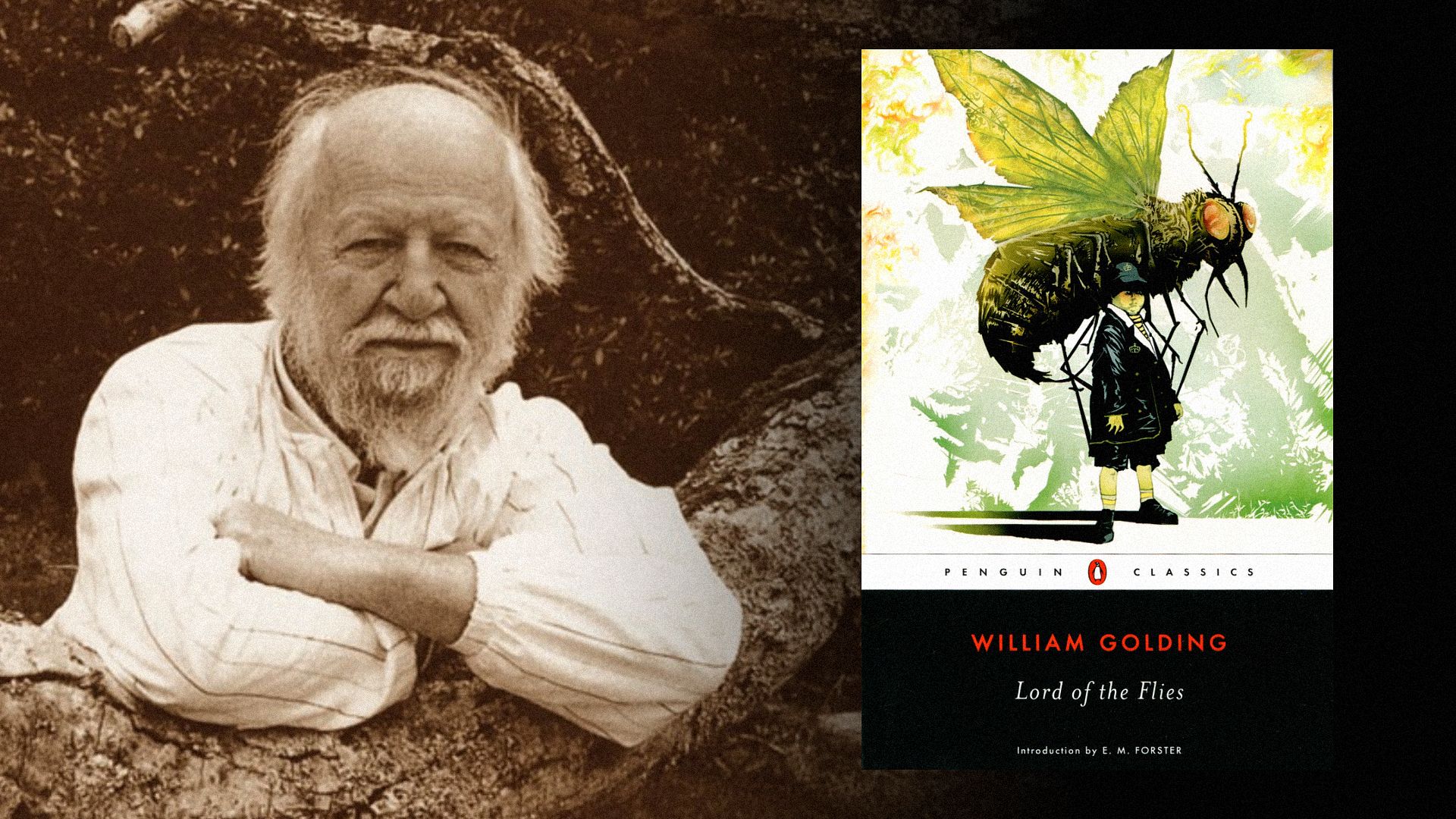 Scriitorul William Golding stă lângă un copac, alături de o copertă de carte care arată o muscă mare și un băiat
