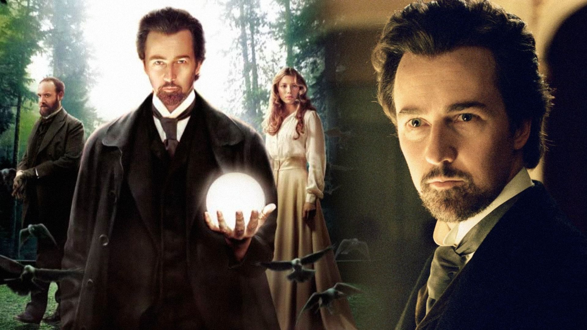 Actorul Edward Norton într-un costum vechi negru stă cu o sferă strălucitoare în mână