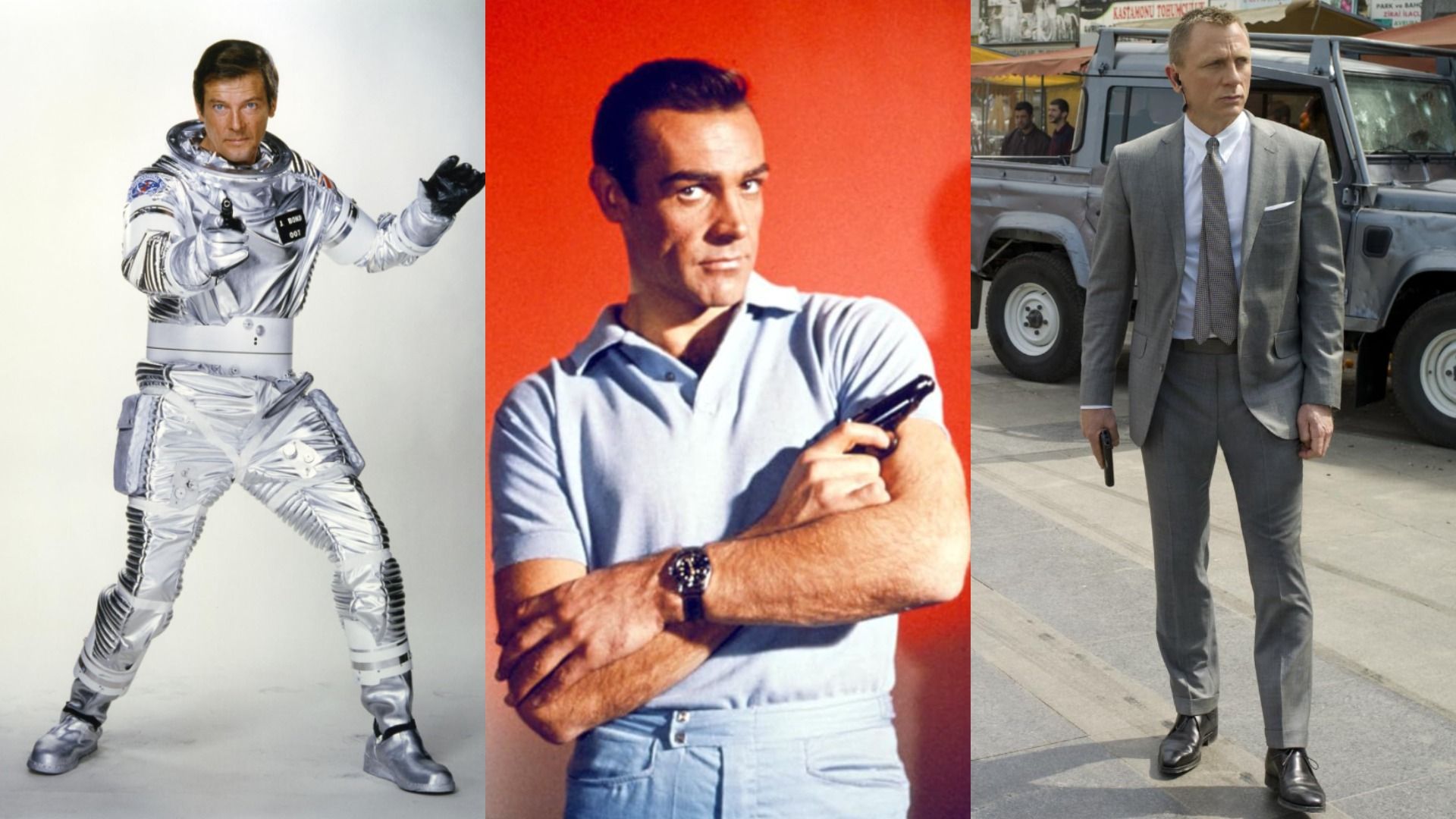Actorul Roger Moore într-o costum spațial, actorul Sean Connery cu o armă, actorul Daniel Craig într-un costum gri