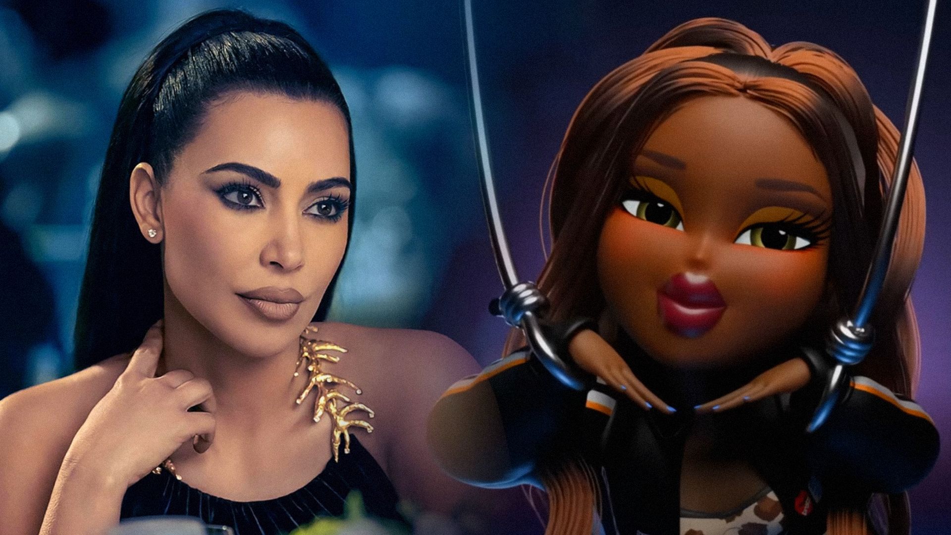 Actrița Kim Kardashian în rochie neagră pe fundal albastru, păpușa Bratz în ținută neagră