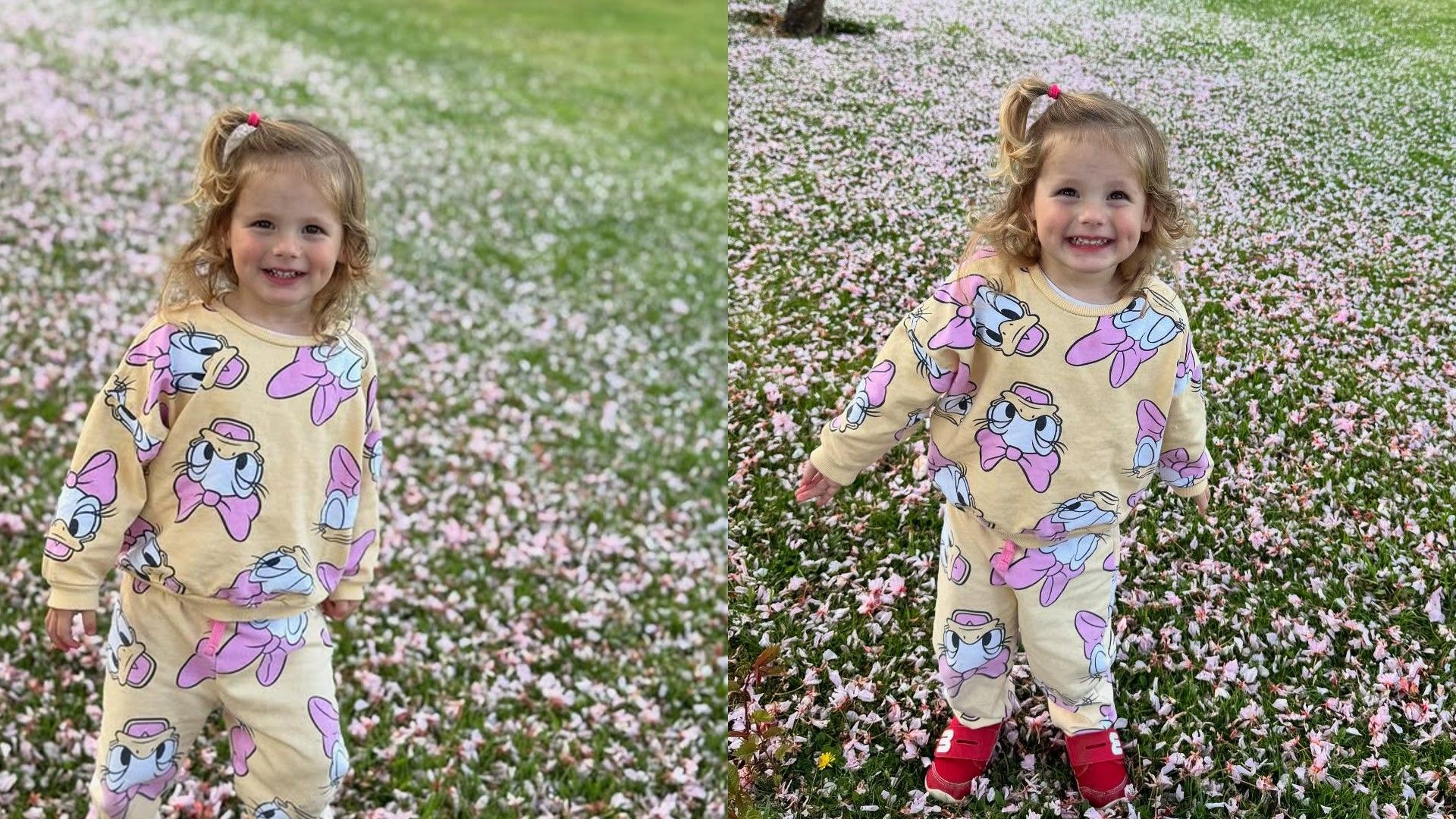 Colaj cu două fotografii ale unei fetițe în pijamale cu Daisy Duck
