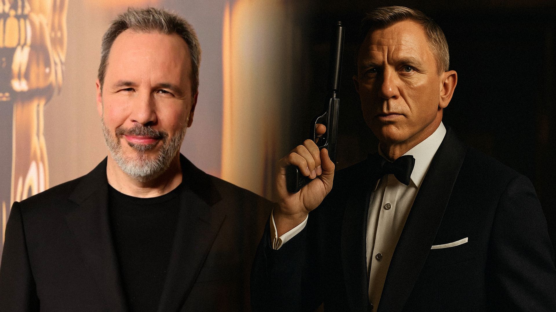 Regizorul Denis Villeneuve într-un sacou negru, actorul Daniel Craig într-un sacou negru cu o armă în mâini