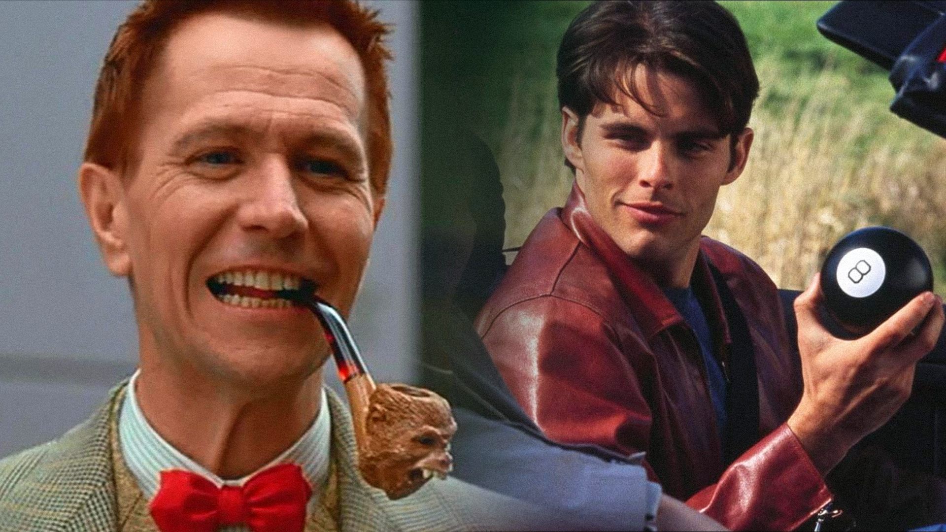 Actorul Gary Oldman zâmbește cu o pipă în gură, actorul James Marsden stă într-o mașină cu o bilă neagră în mână