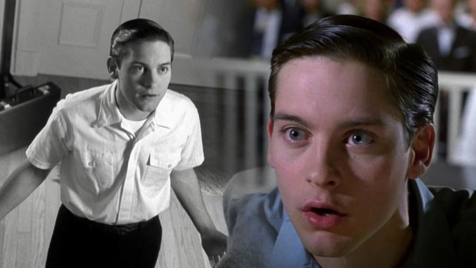 Actorul Tobey Maguire într-o cămașă albă în alb și negru