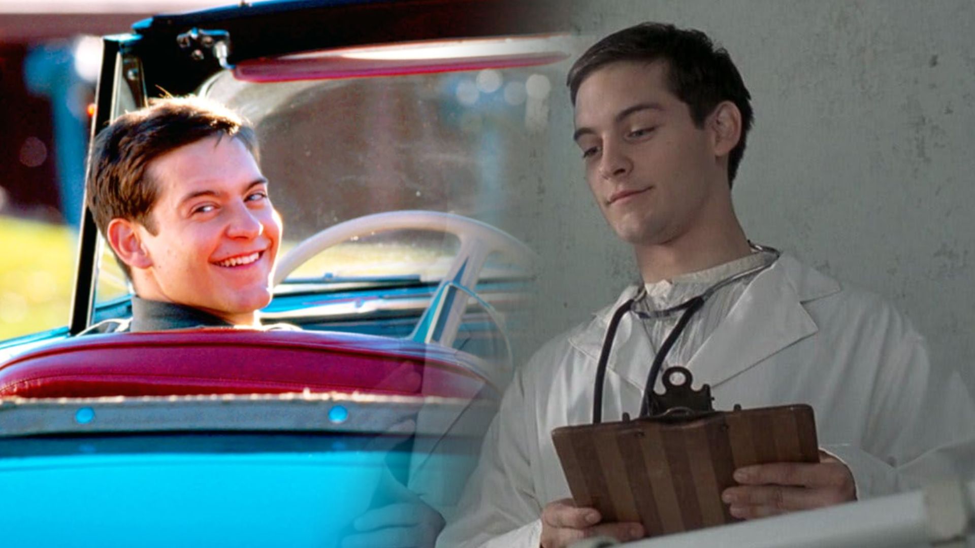 Actorul Tobey Maguire stă la volanul unei mașini și stă în picioare într-un halat alb
