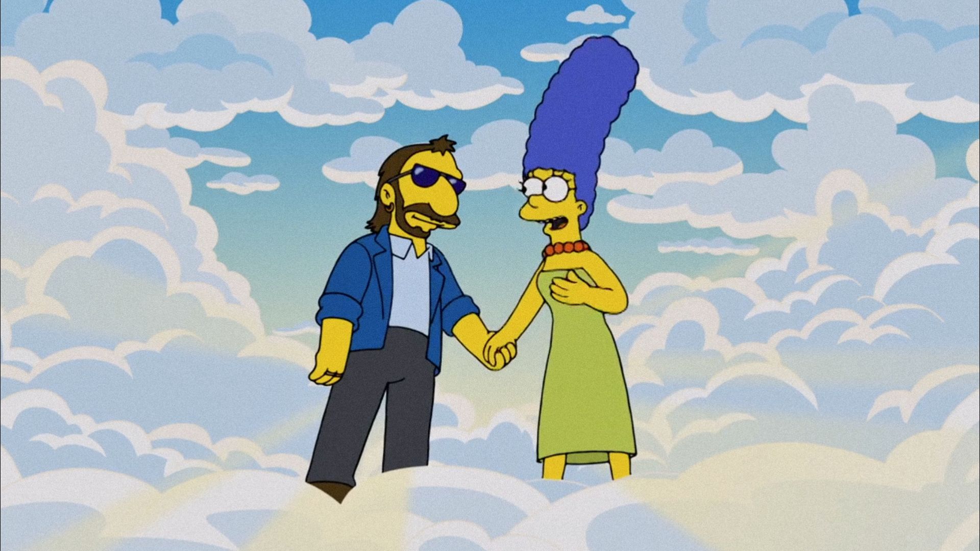 Cântărețul Ringo Starr desenat în stil de desen animat și o femeie cu părul albastru stând pe nori
