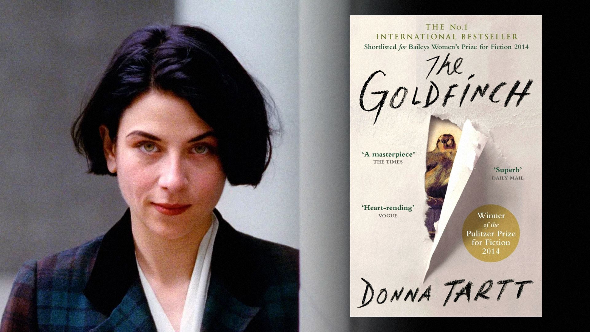 Scriitoarea Donna Tartt într-un sacou în carouri, lângă coperta unei cărți cu o pasăre