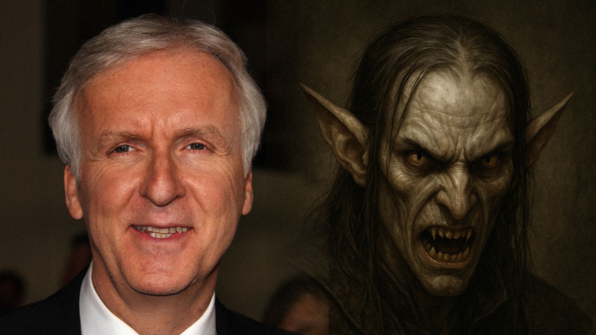 Regizorul James Cameron zâmbește într-un costum negru și un elf malefic cu urechi lungi și colți