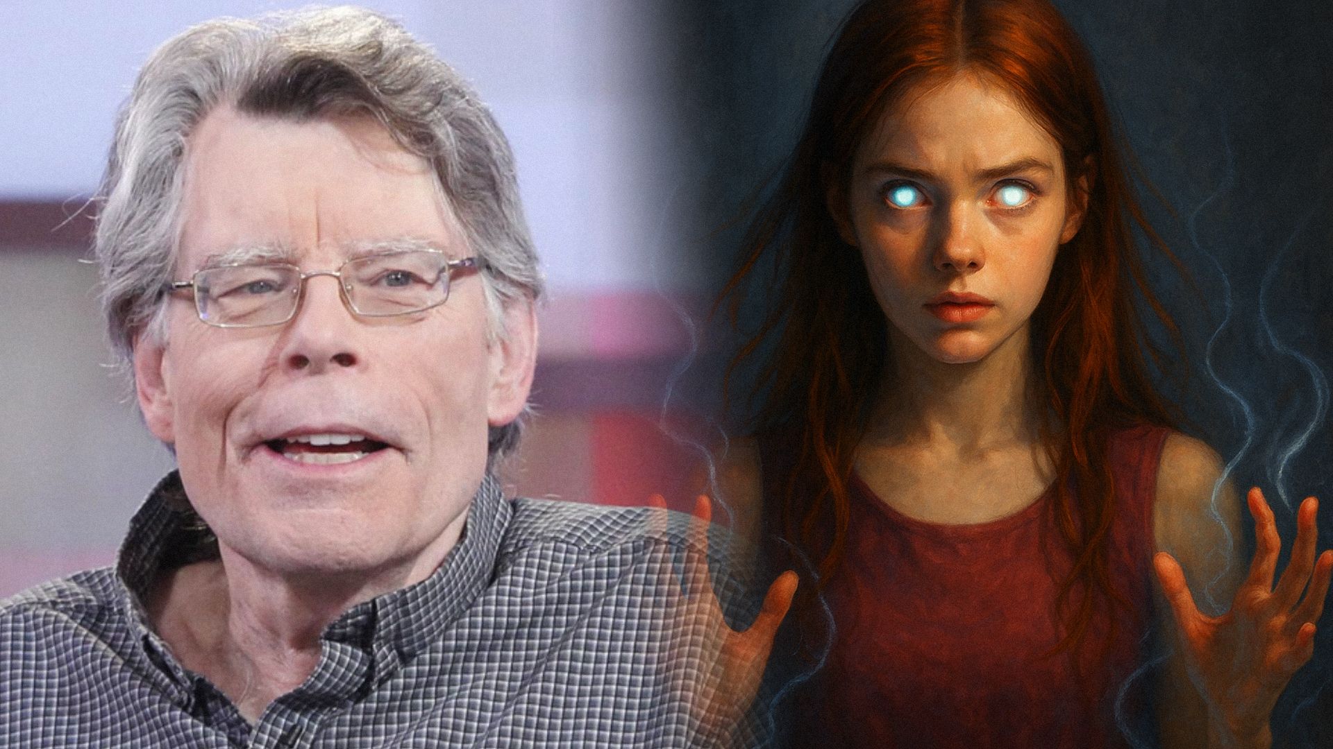Scriitorul Stephen King zâmbește cu ochelari și o fată într-un maiou roșu cu ochi strălucitori