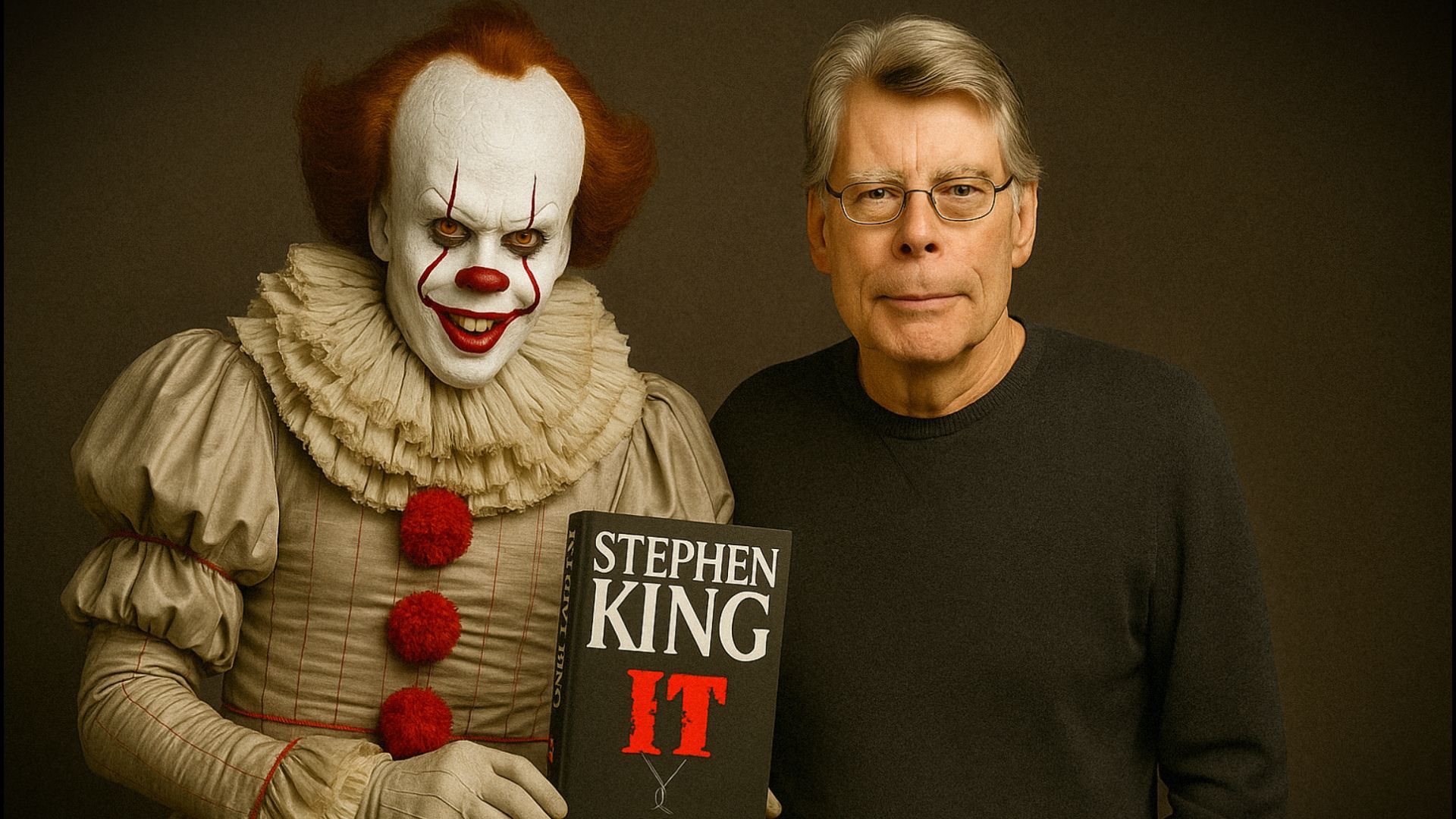 Un clovn într-un costum alb cu nasturi roșii ține o carte în mâini, lângă el stă scriitorul Stephen King îmbrăcat în negru