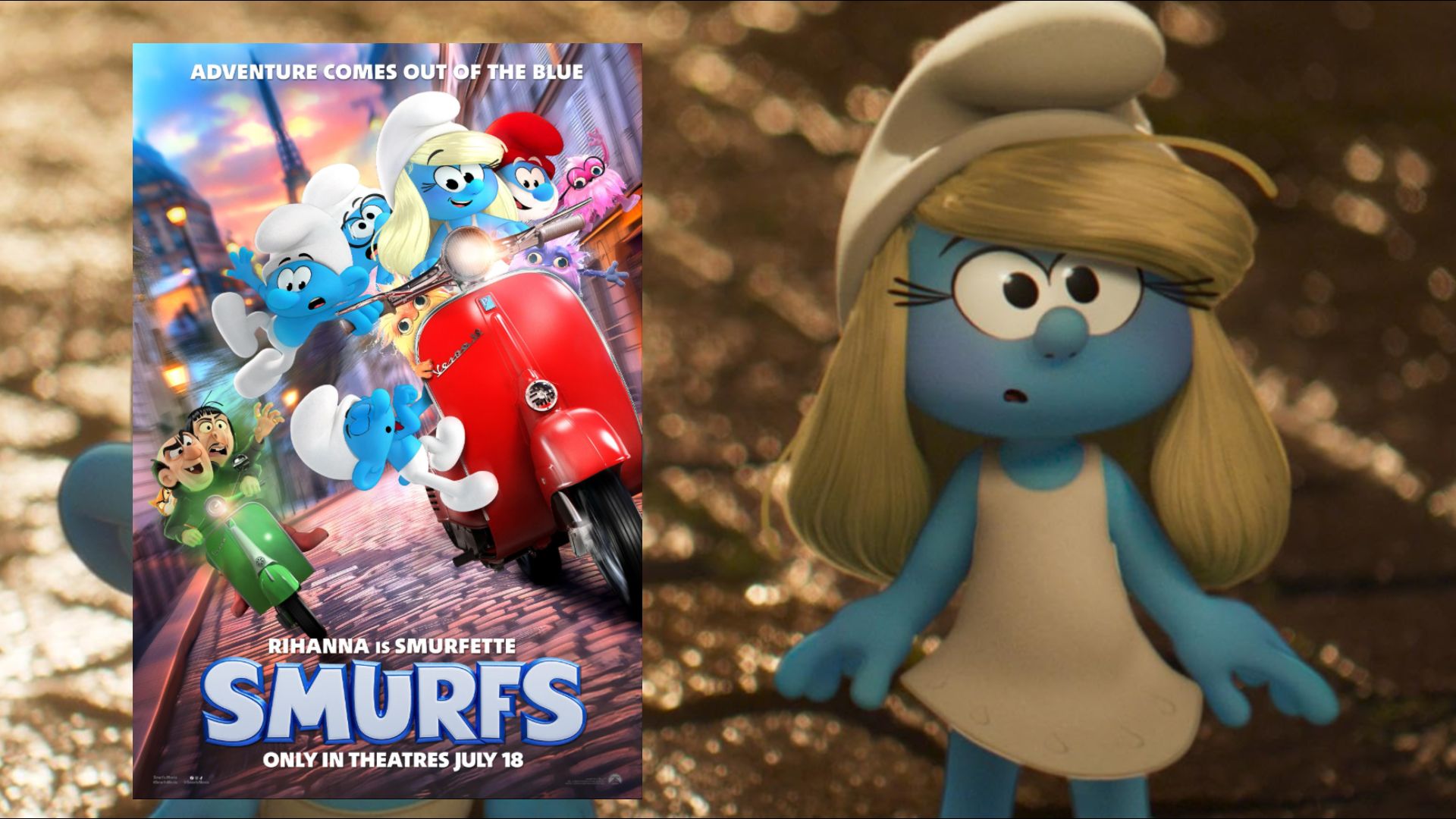 O creatură mică albastră cu o pălărie albă pe cap, lângă un poster de film care arată creaturi similare mergând cu scuterul