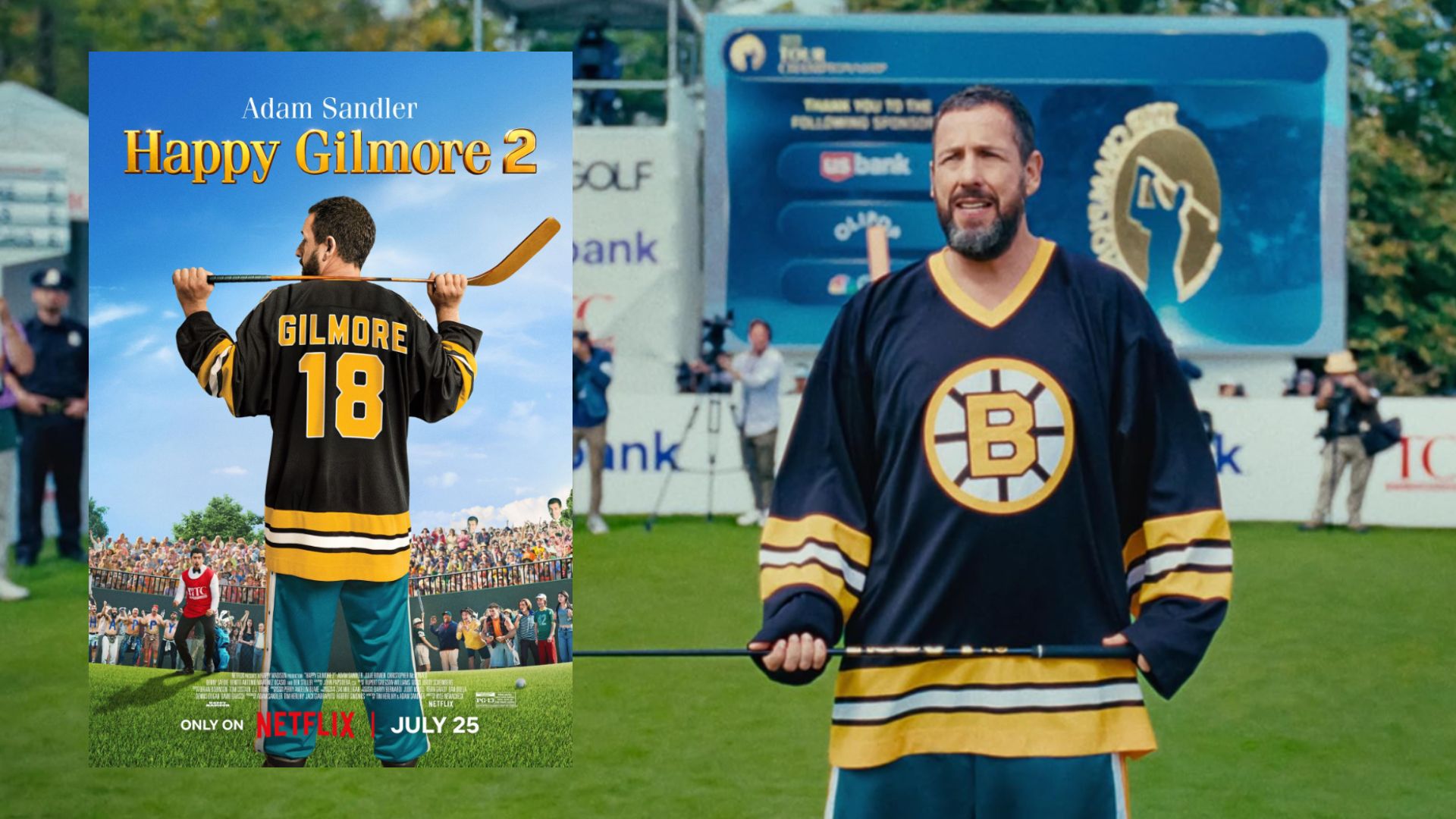 Actorul Adam Sandler ținând o crosă de golf stă pe un teren de golf, lângă un poster de film care îl arată pe actor stând cu spatele întors