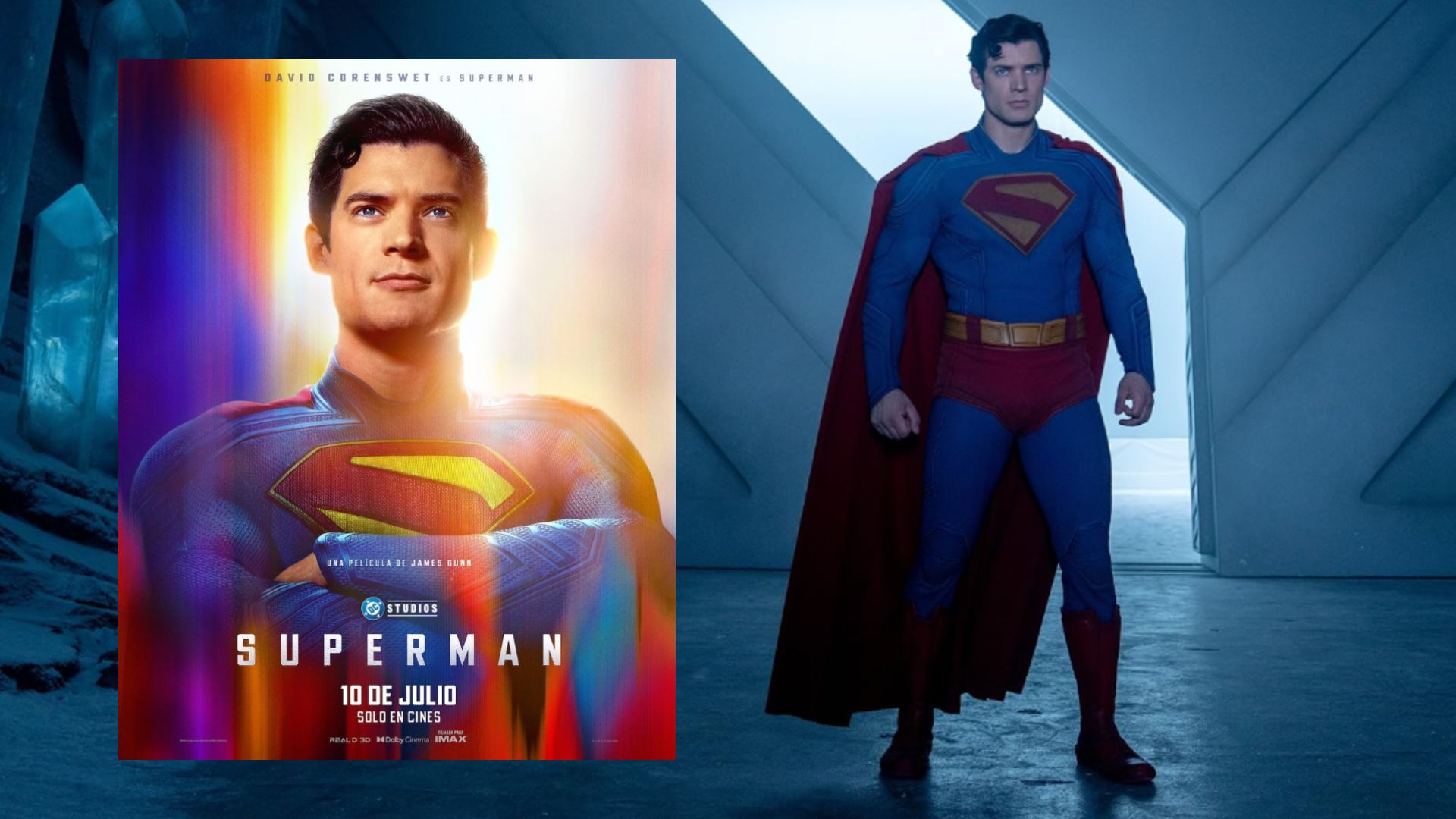 Actorul David Corenswet într-un costum albastru de supererou, lângă un poster de film unde actorul privește spre cameră cu brațele încrucișate pe piept