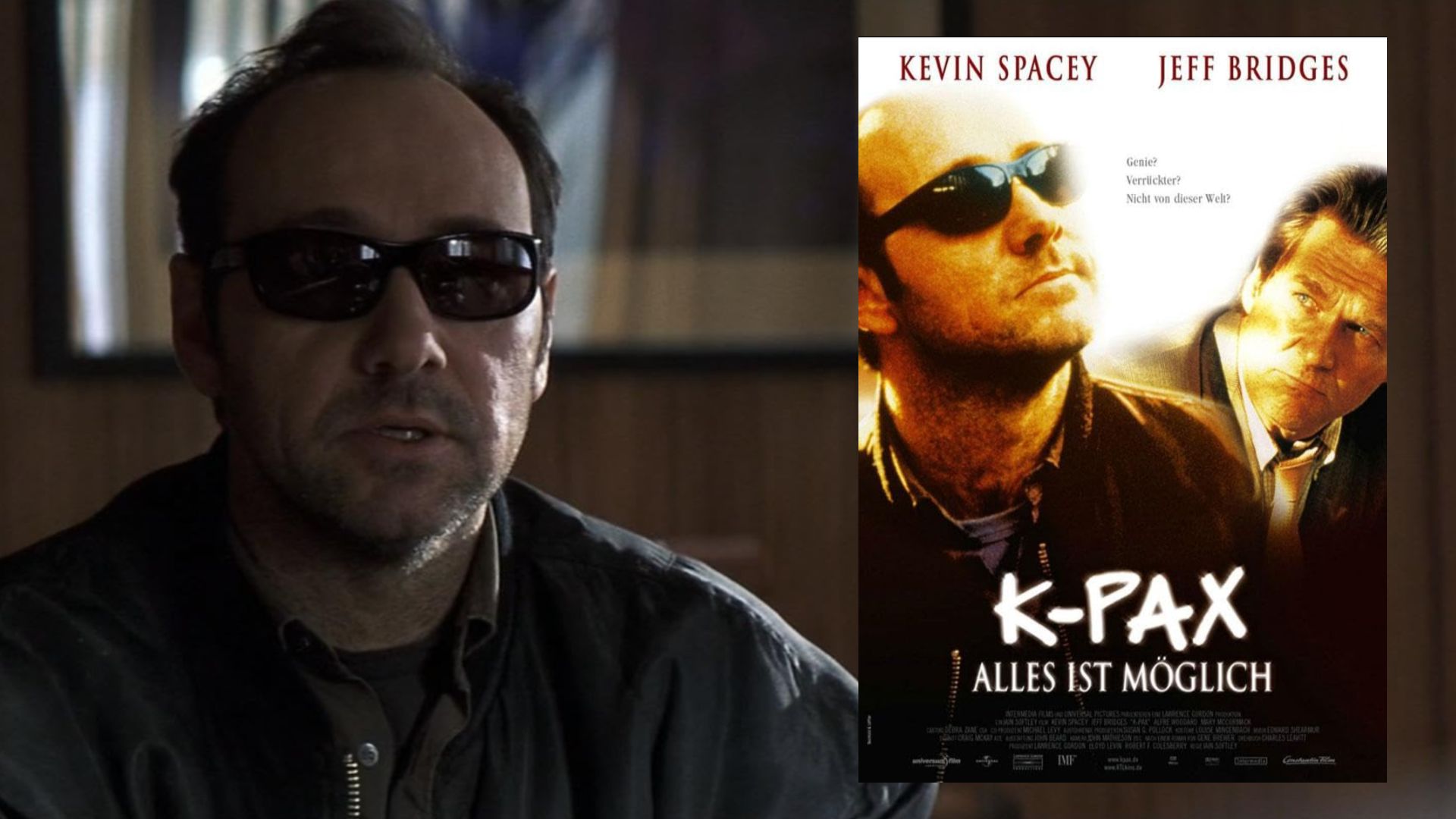 Actorul Kevin Spacey cu ochelari și într-o jachetă închisă, lângă un poster de film care îl arată pe actor alături de Jeff Bridges