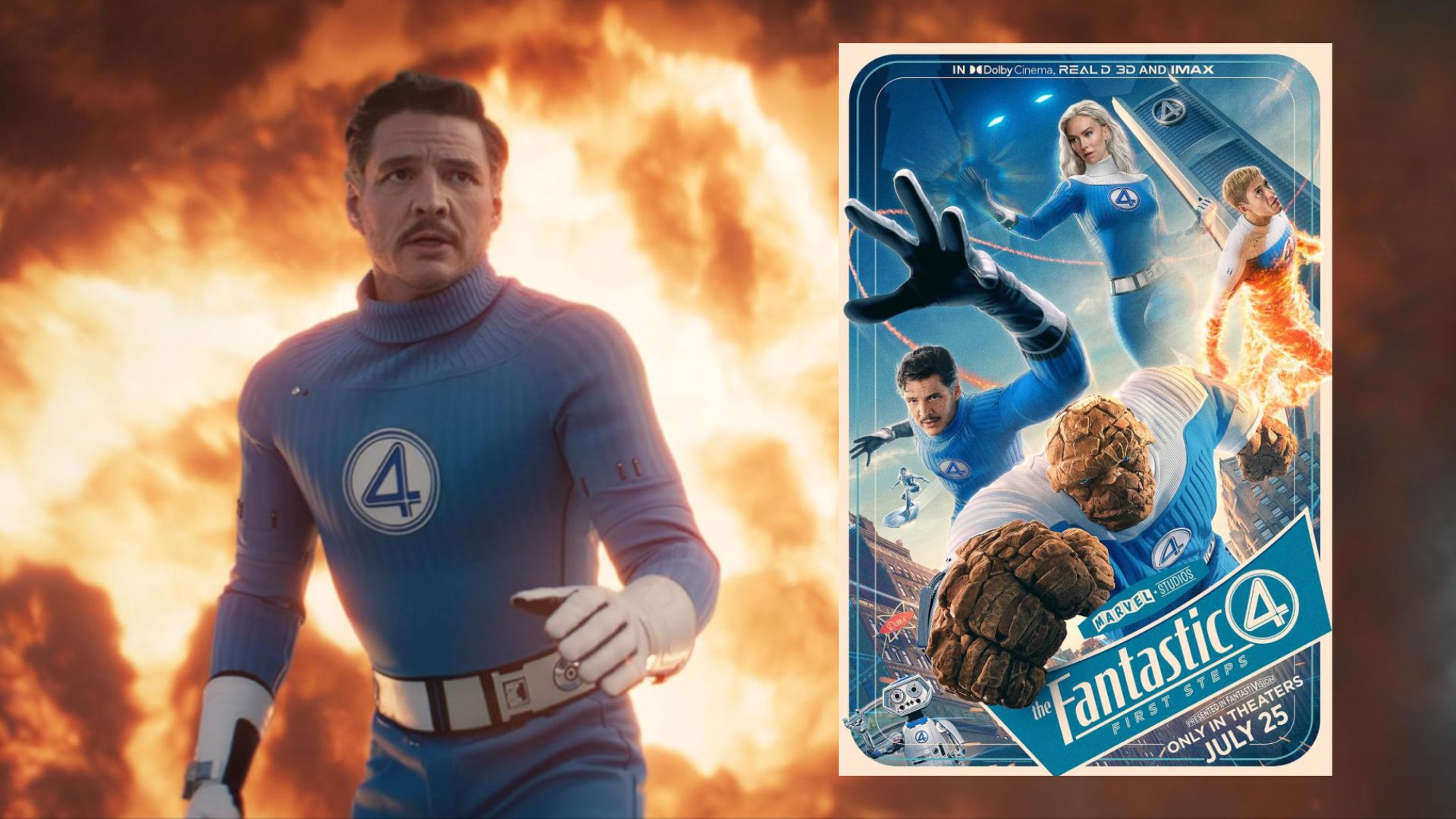 Actorul Pedro Pascal într-un costum de supererou albastru, lângă un poster de film cu patru persoane, una dintre ele fiind făcută din piatră
