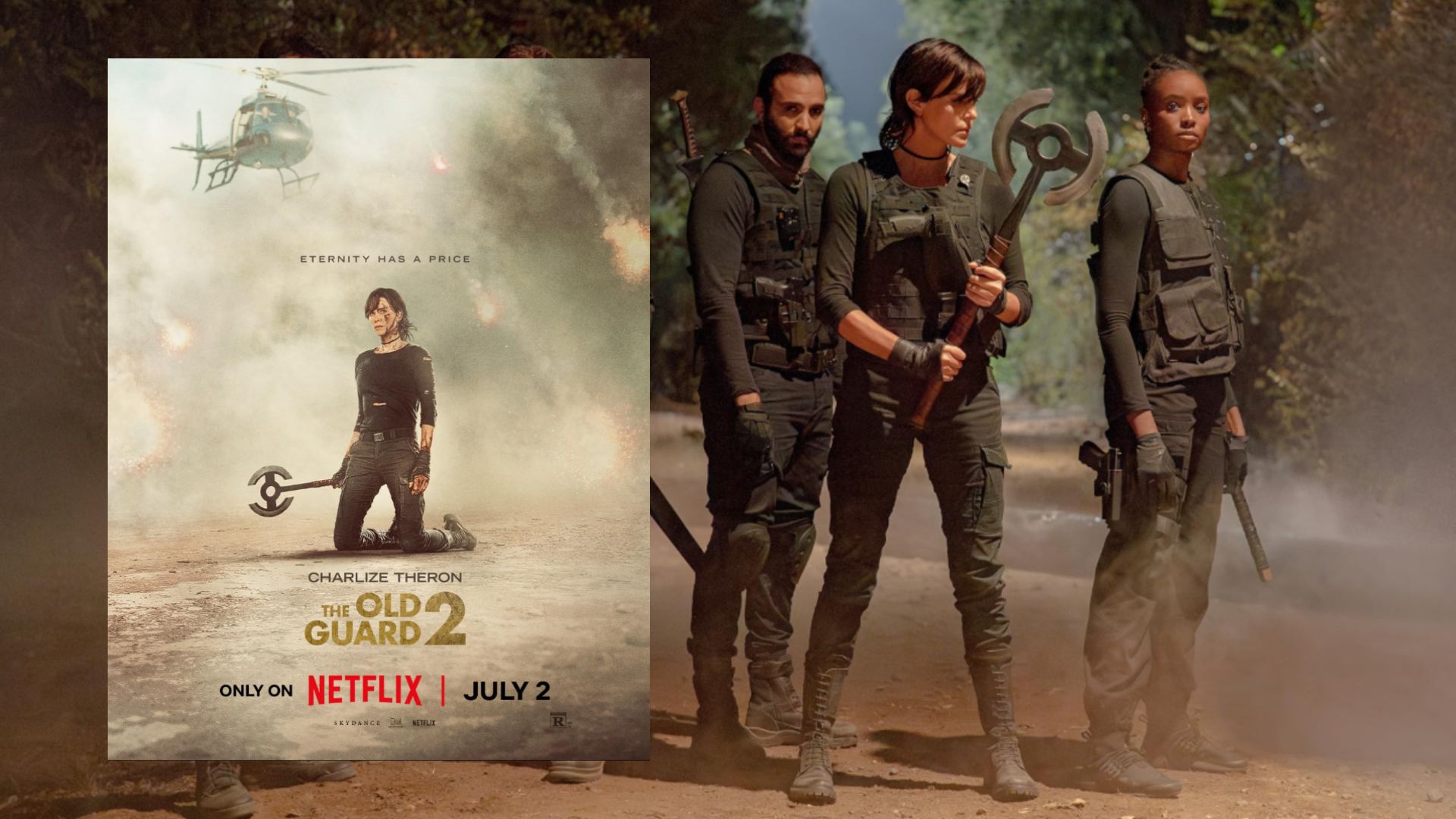 Actrița Charlize Theron stă în haine negre cu o secure în mâini, lângă un poster de film care o arată pe actriță șezând pe nisip cu o secure