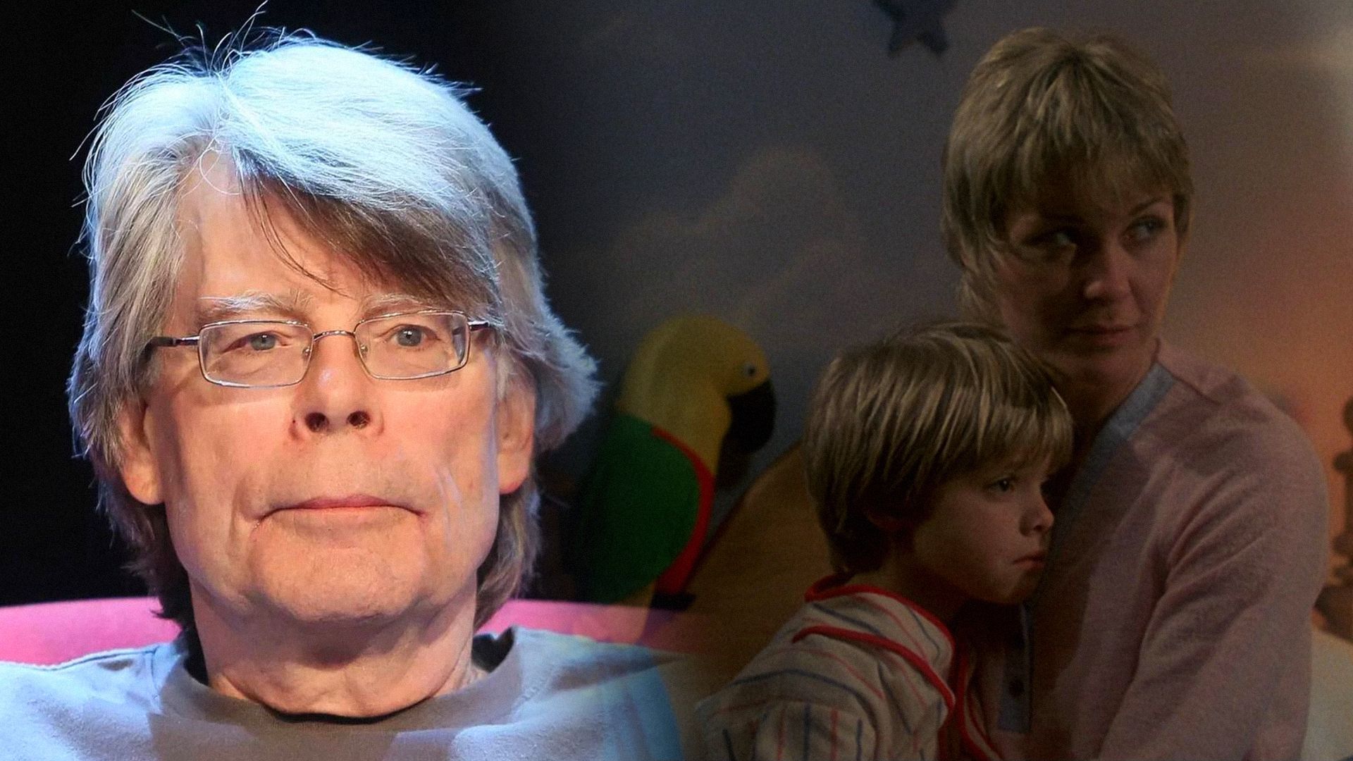 Scriitorul Stephen King purtând ochelari lângă actrița Dee Wallace ținând un băiat în brațe