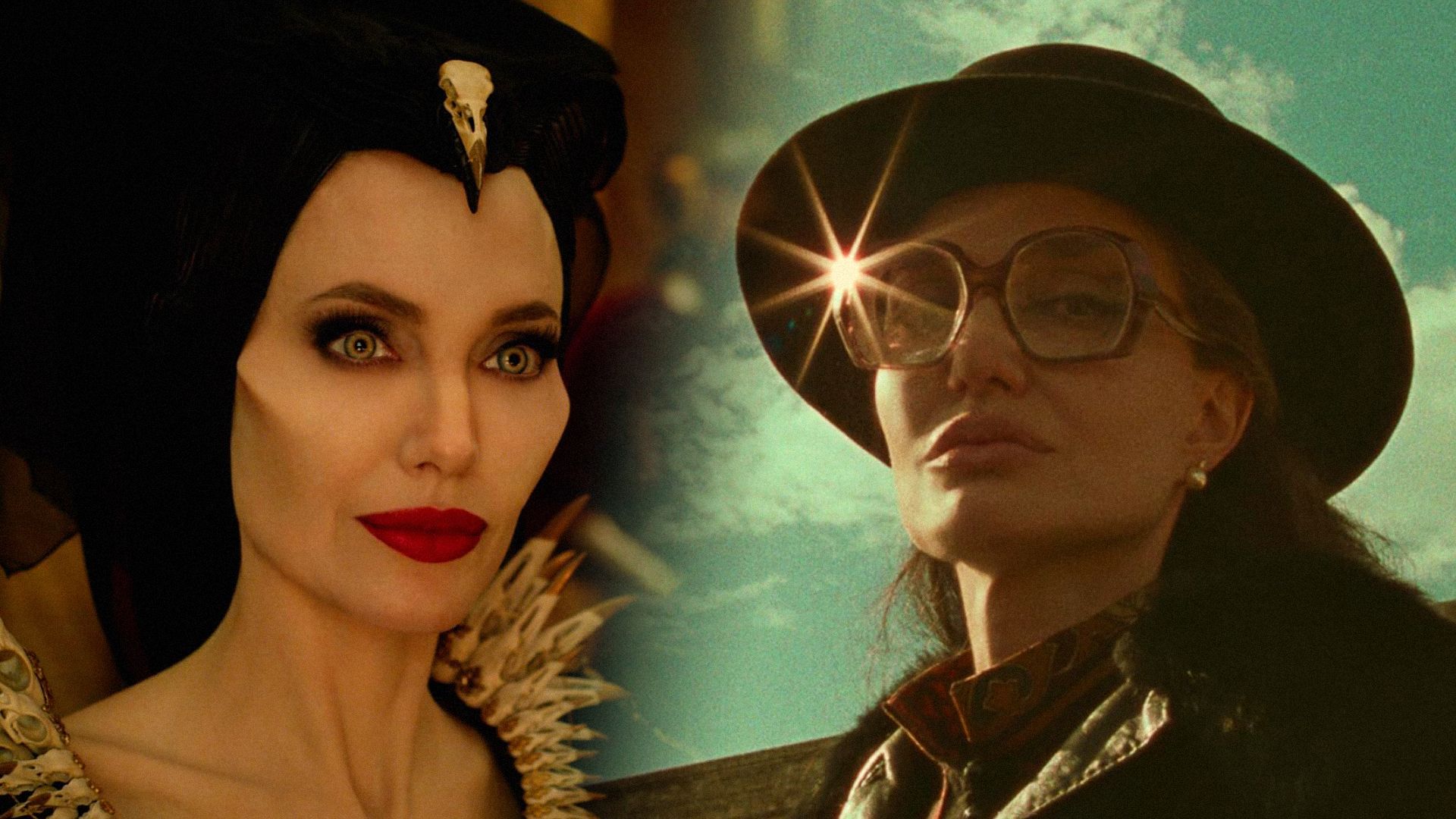 Actrița Angelina Jolie cu coarne negre și o pălărie cu boruri largi, cu ochelari