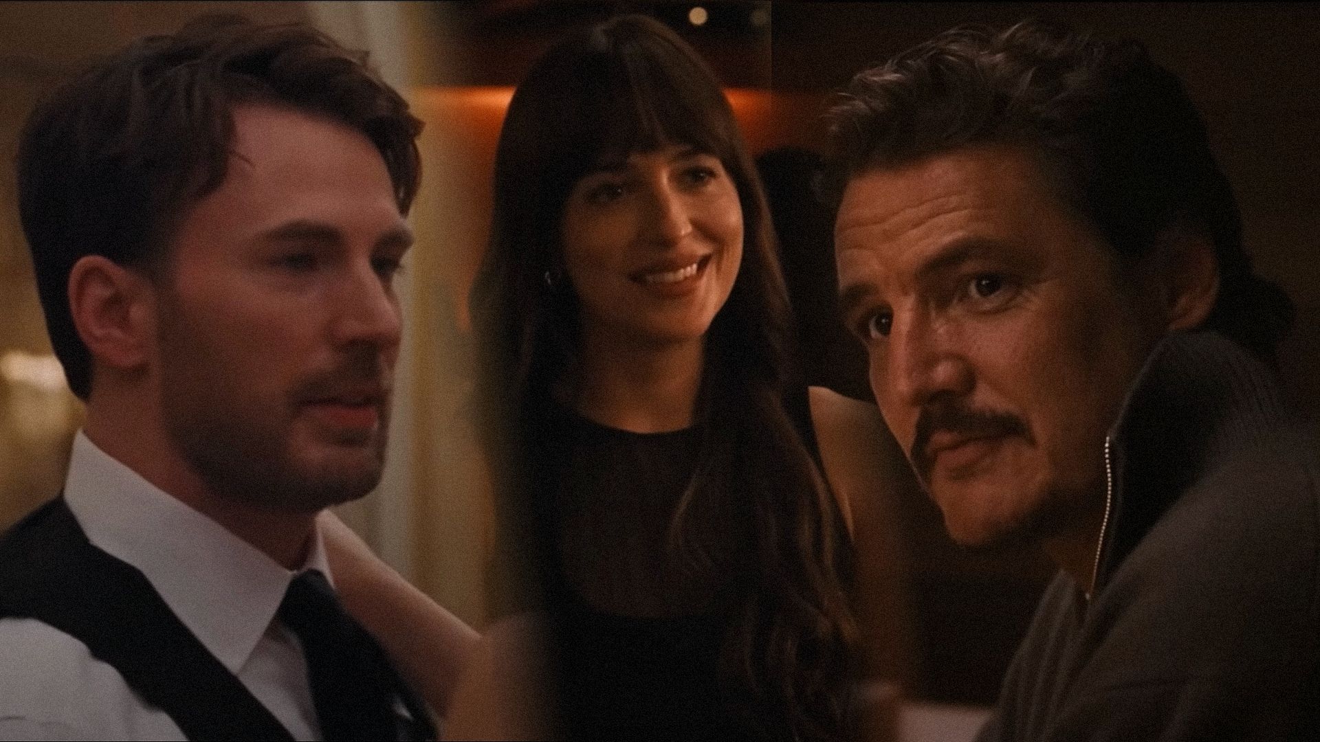 Actorii Chris Evans într-o cămașă albă, Dakota Johnson într-o rochie neagră și Pedro Pascal într-un pulover gri