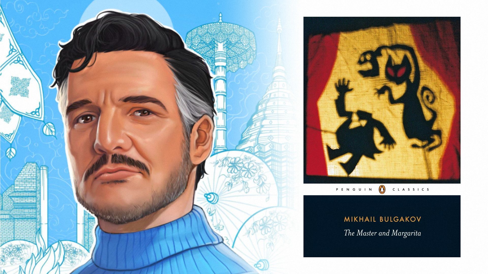 Actorul Pedro Pascal ilustrat ca Mister Fantastic, lângă coperta unei cărți cu o pisică