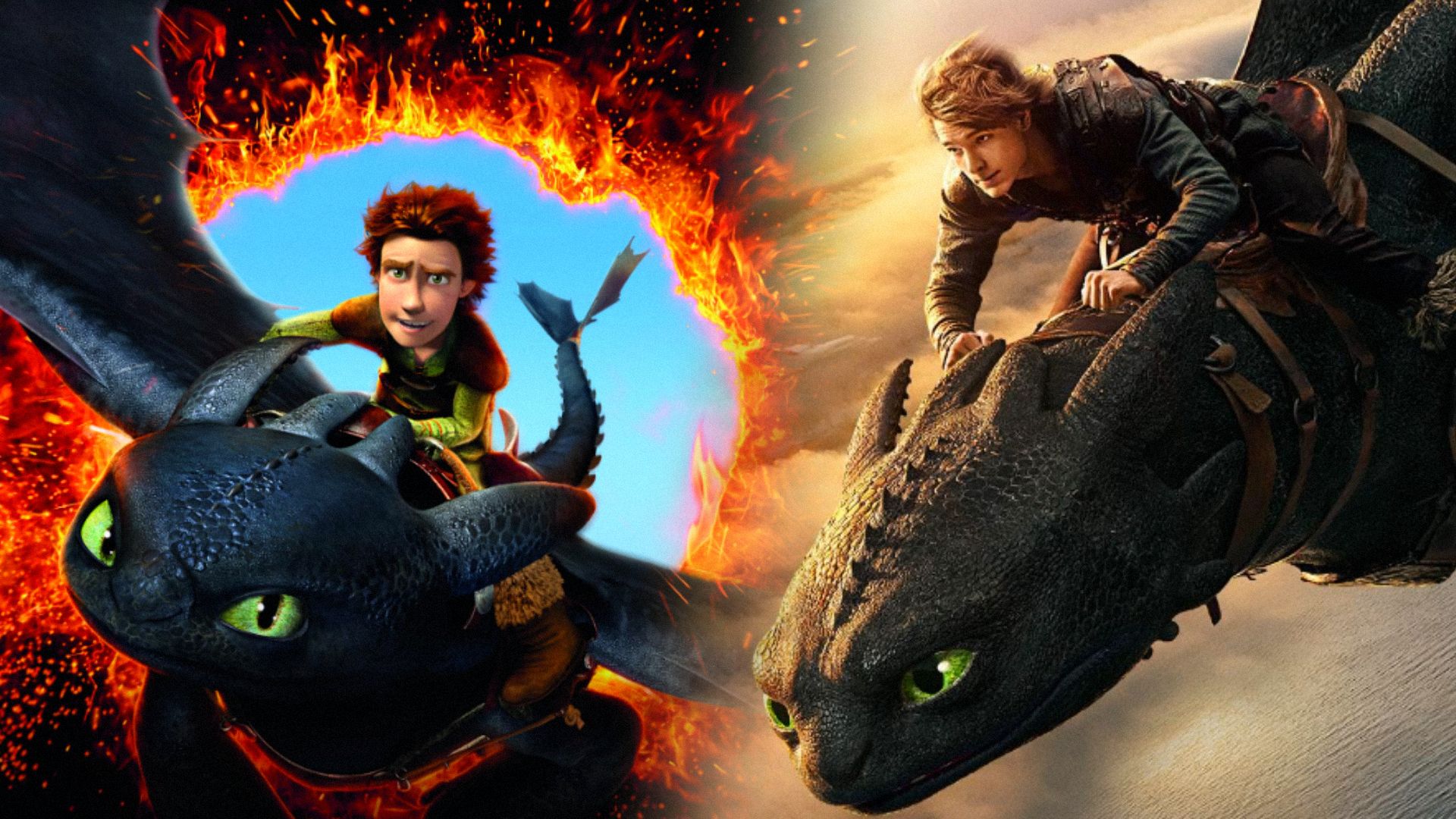 Un tânăr în haine gri zboară pe un dragon negru prin nori bej