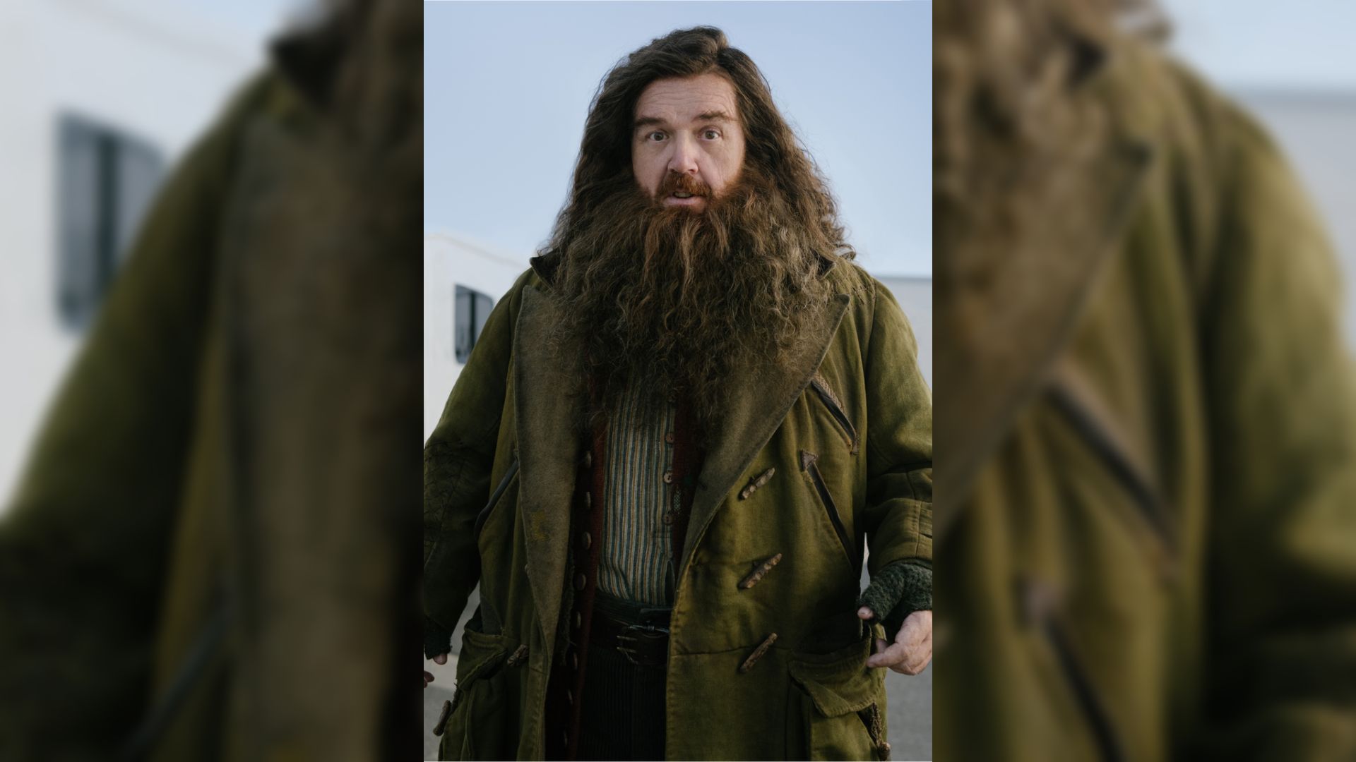 Actorul Nick Frost într-o haină verde cu barbă lungă și păr lung