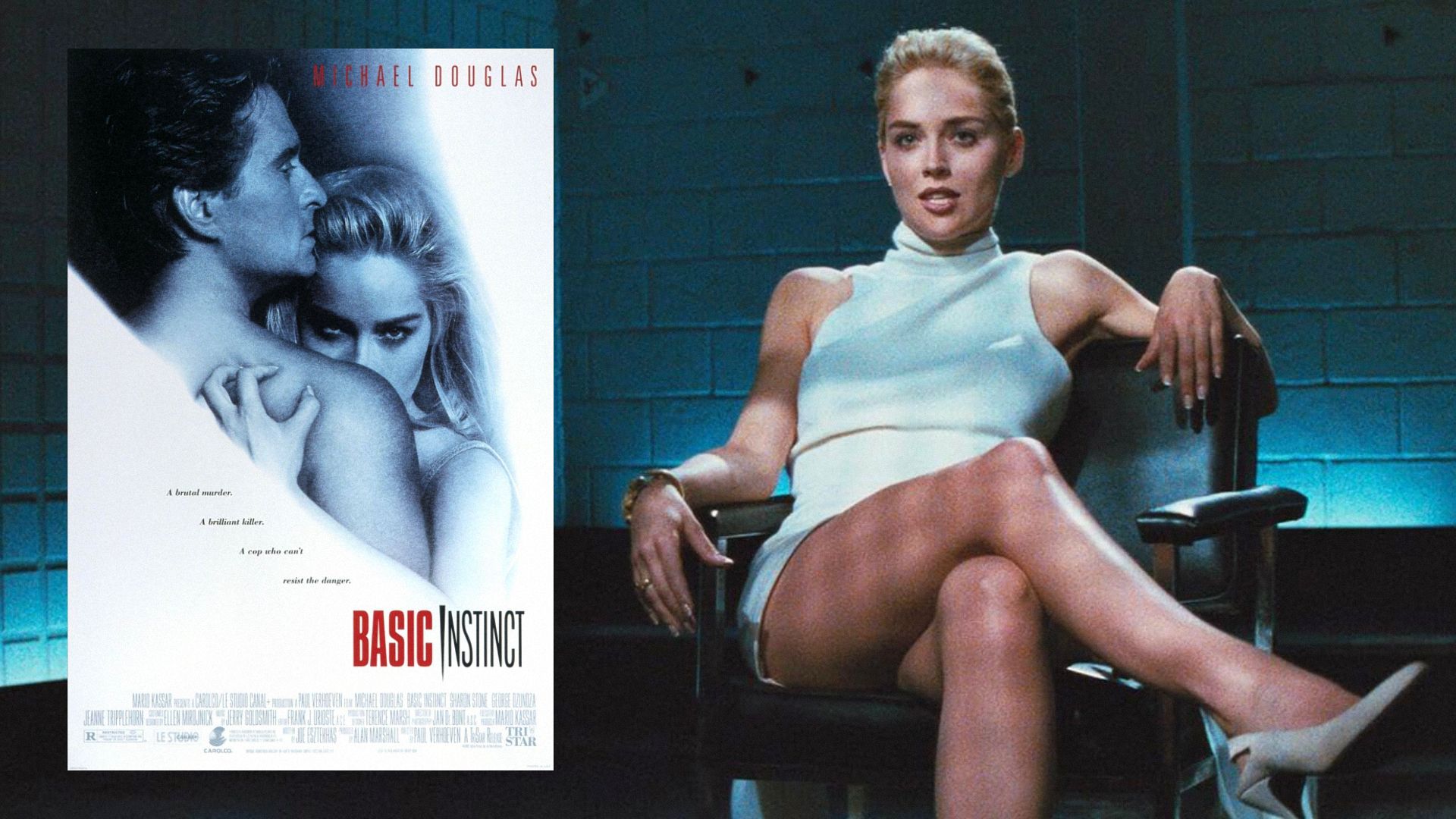 Actrița Sharon Stone într-o rochie albă stă pe un scaun pe un fundal albastru