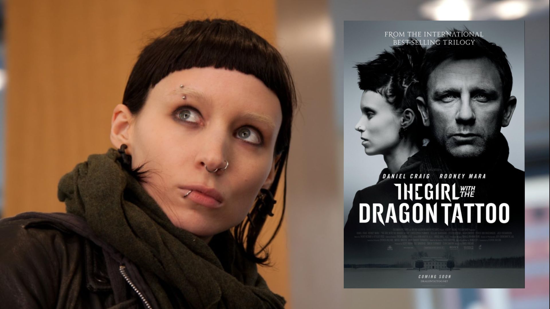 Actrița Rooney Mara cu părul negru și un poster de film unde stă lângă actorul Daniel Craig
