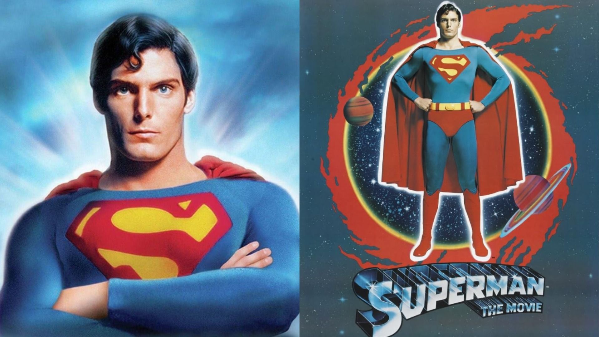Actorul Christopher Reeve stă în picioare într-un costum de supererou albastru și roșu cu litera S pe piept