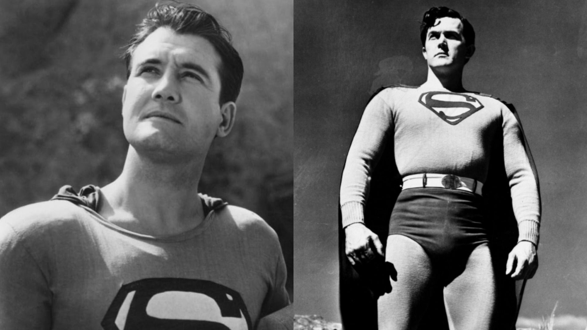 Actorii Kirk Alyn și George Reeves în costume de supererou cu litera S pe piept