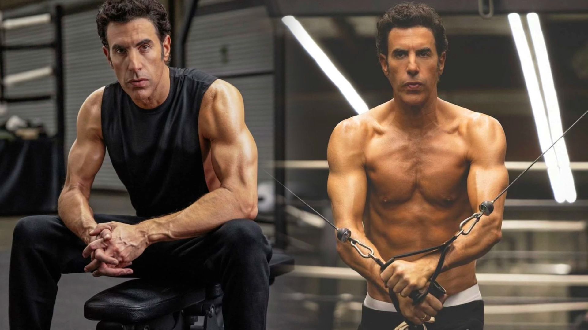 Actorul Sacha Baron Cohen într-un tricou negru își arată mușchii umflați, în dreapta se antrenează la aparate