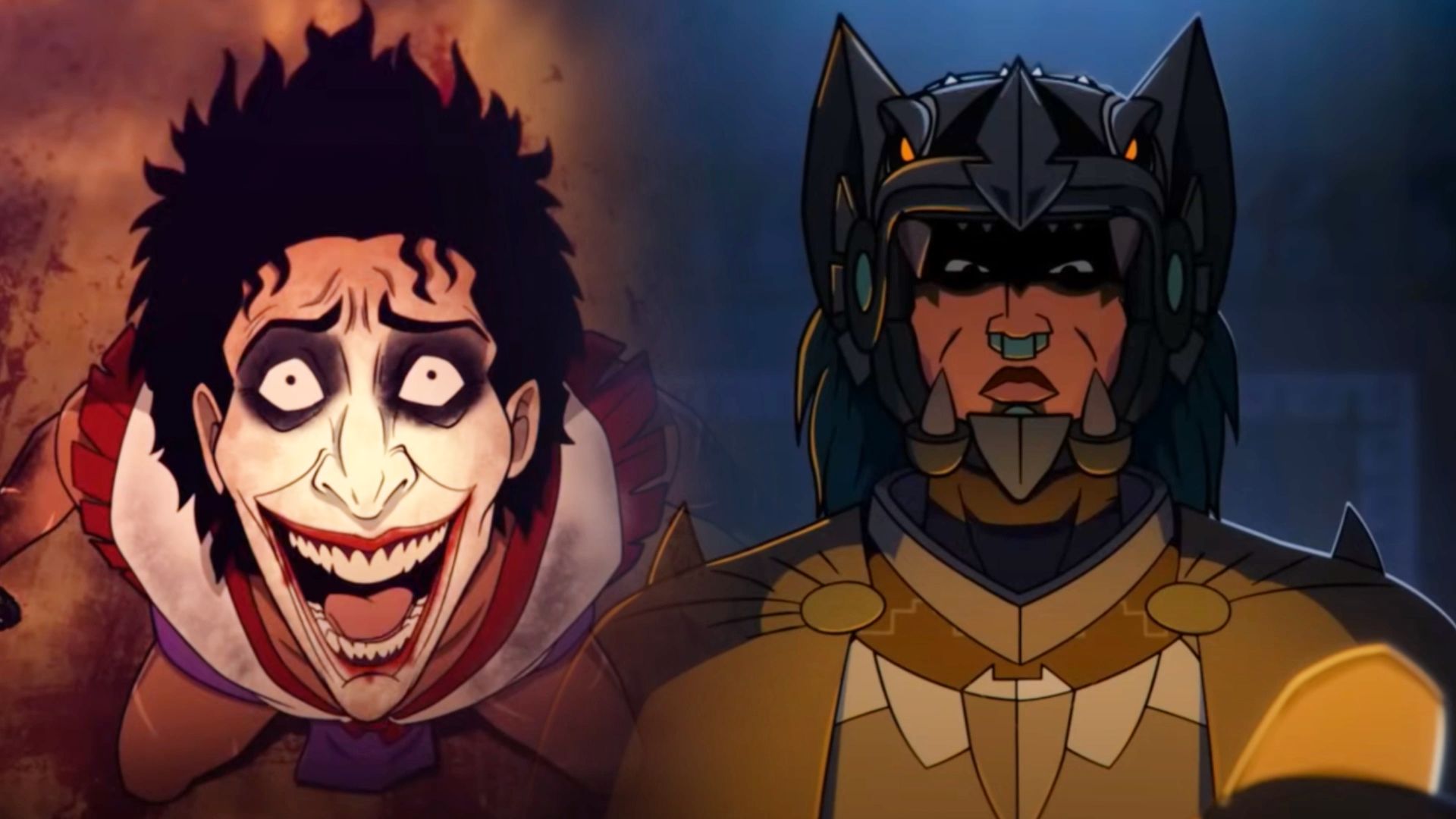 Imagini animate cu Joker și Batman, primul râde, al doilea stă cu o mască cu coarne