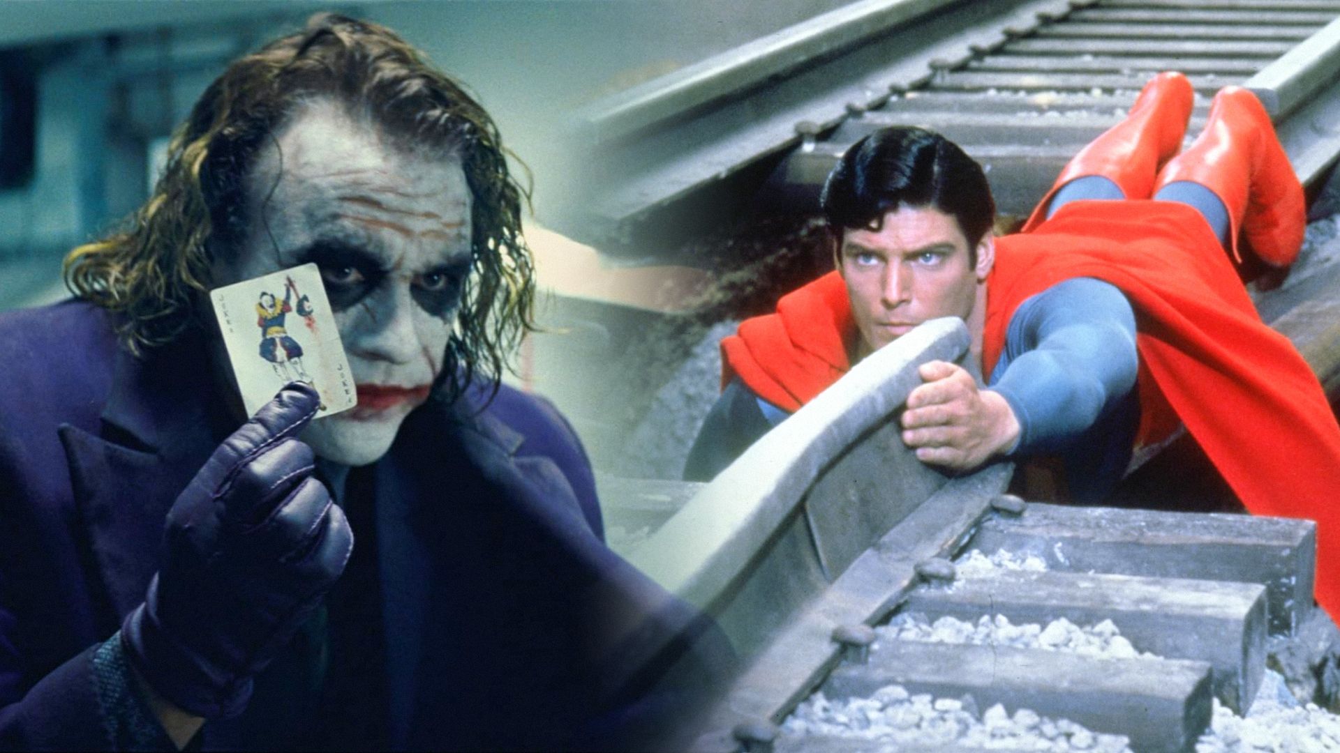 Actorul Heath Ledger cu părul verde și machiaj de clovn, actorul Christopher Reeve în costum albastru-roșu cu pelerină zăcând pe șine de cale ferată
